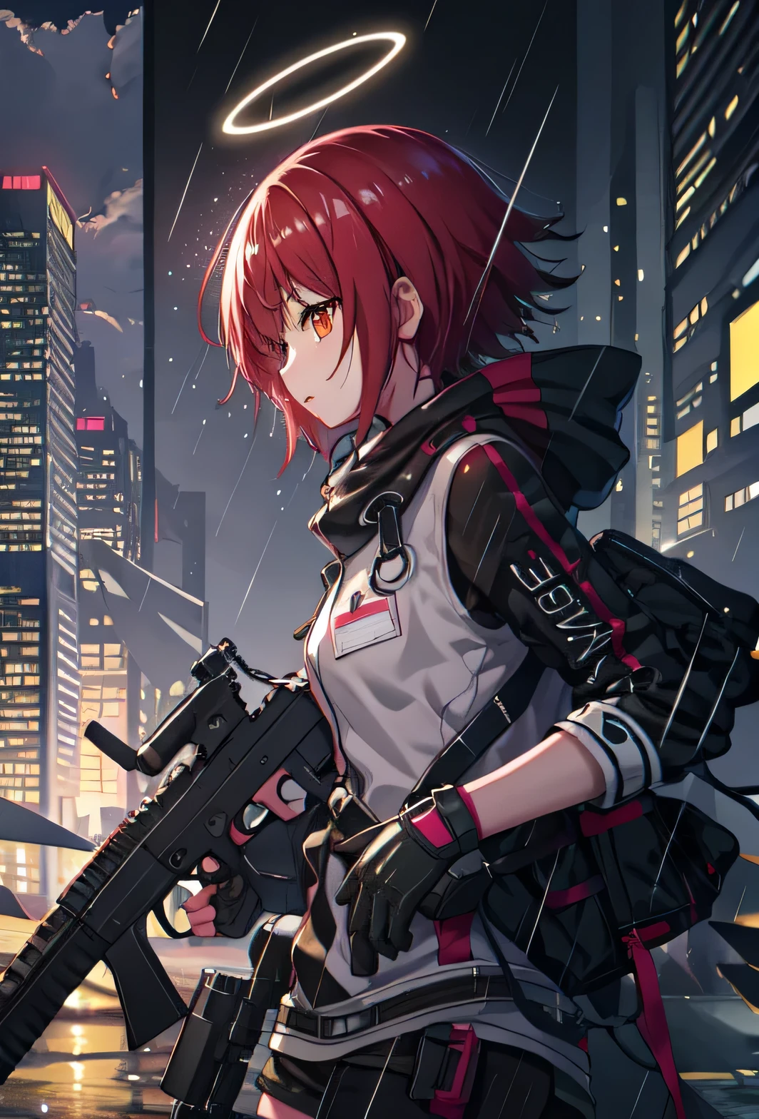 (Safety:1.10), One Anime Girl, In the Rain, Raindrops appear all over the screen, Show whole body, Side view composition, Pictures that give a sense of combat action, sense of urgency, (Exia_Arknights:1.10), (dynamic), Holding a HK416 gun, View your viewers, Anime girl is wet with rainwater