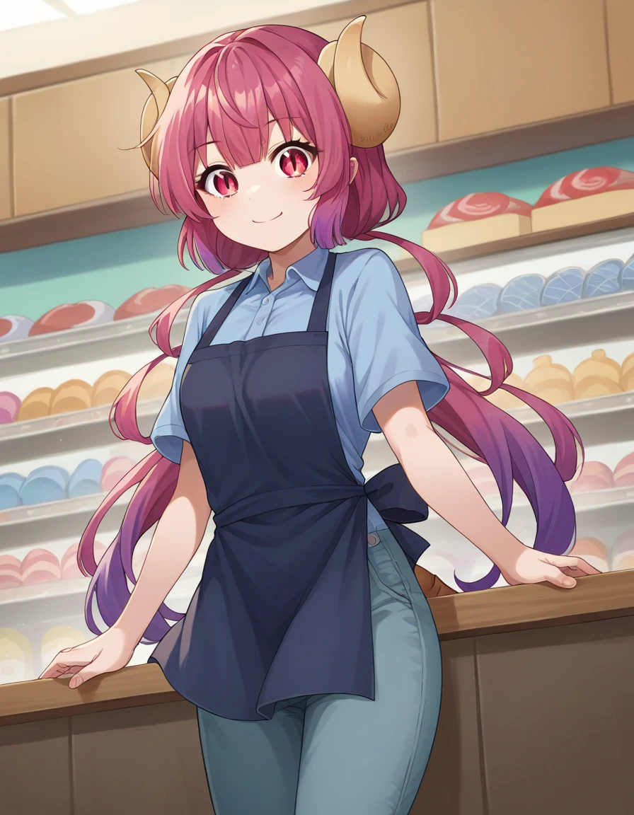 score_9, score_8_up, score_7_up, source_anime,
dragonilulu, ilulu, curled horns, horns, long hair, multicolored hair, purple hair, red eyes, red hair, slit pupils, smile,
shirt, short sleeves, apron, blue shirt, black apron, pants,
indoors, candy, candy store,
looking at viewer, cowboy shot, dutch angle, full body shot