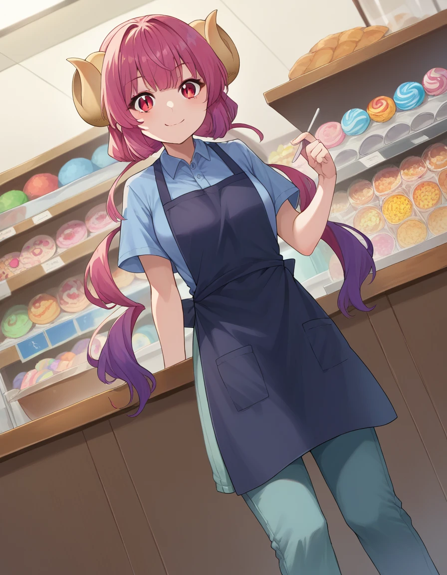 score_9, score_8_up, score_7_up, source_anime,
dragonilulu, ilulu, curled horns, horns, long hair, multicolored hair, purple hair, red eyes, red hair, slit pupils, smile,
shirt, short sleeves, apron, blue shirt, black apron, pants,
indoors, candy, candy store,
looking at viewer, cowboy shot, dutch angle, full body shot