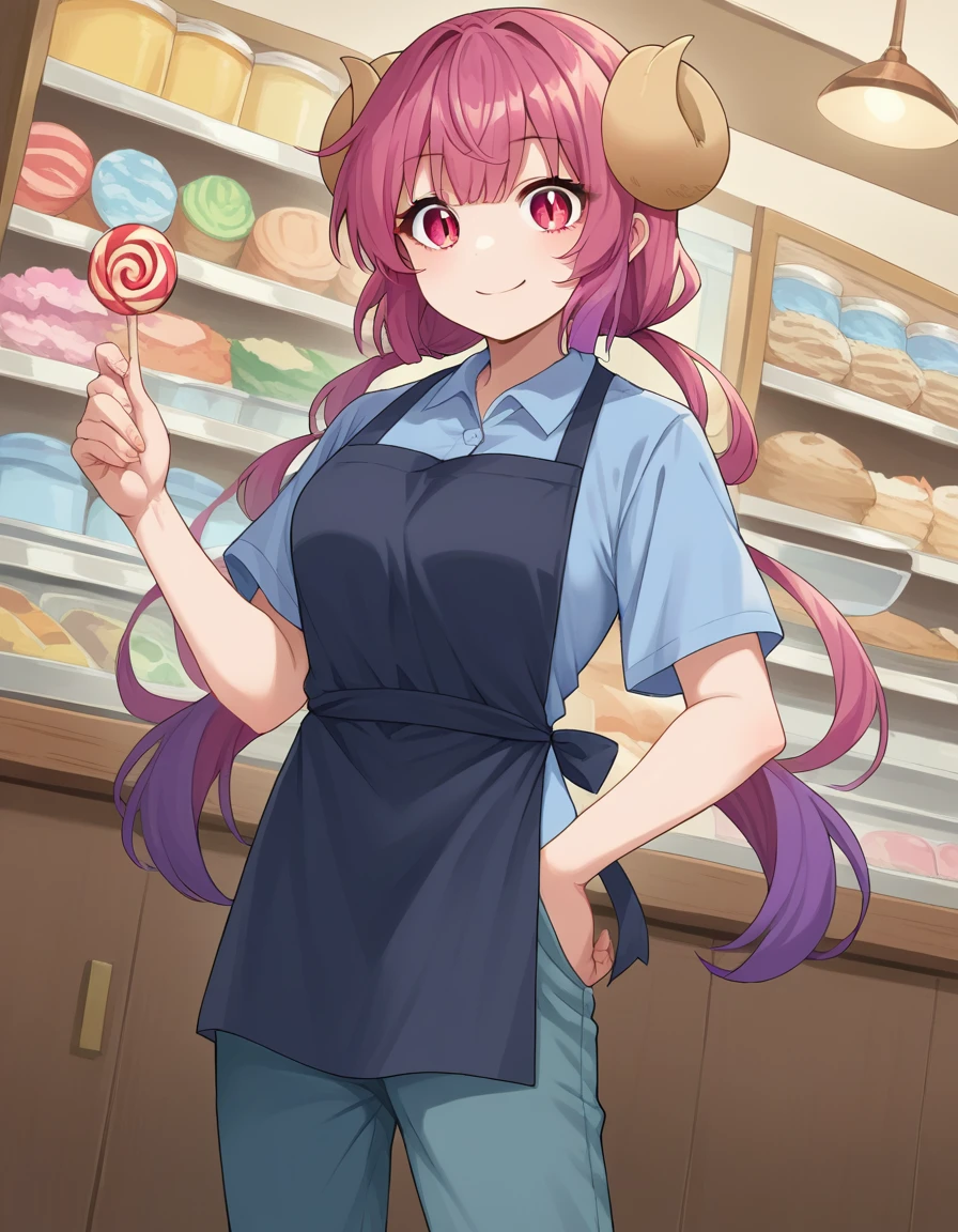 score_9, score_8_up, score_7_up, source_anime,
dragonilulu, ilulu, curled horns, horns, long hair, multicolored hair, purple hair, red eyes, red hair, slit pupils, smile,
shirt, short sleeves, apron, blue shirt, black apron, pants,
indoors, candy, candy store,
looking at viewer, cowboy shot, dutch angle, full body shot