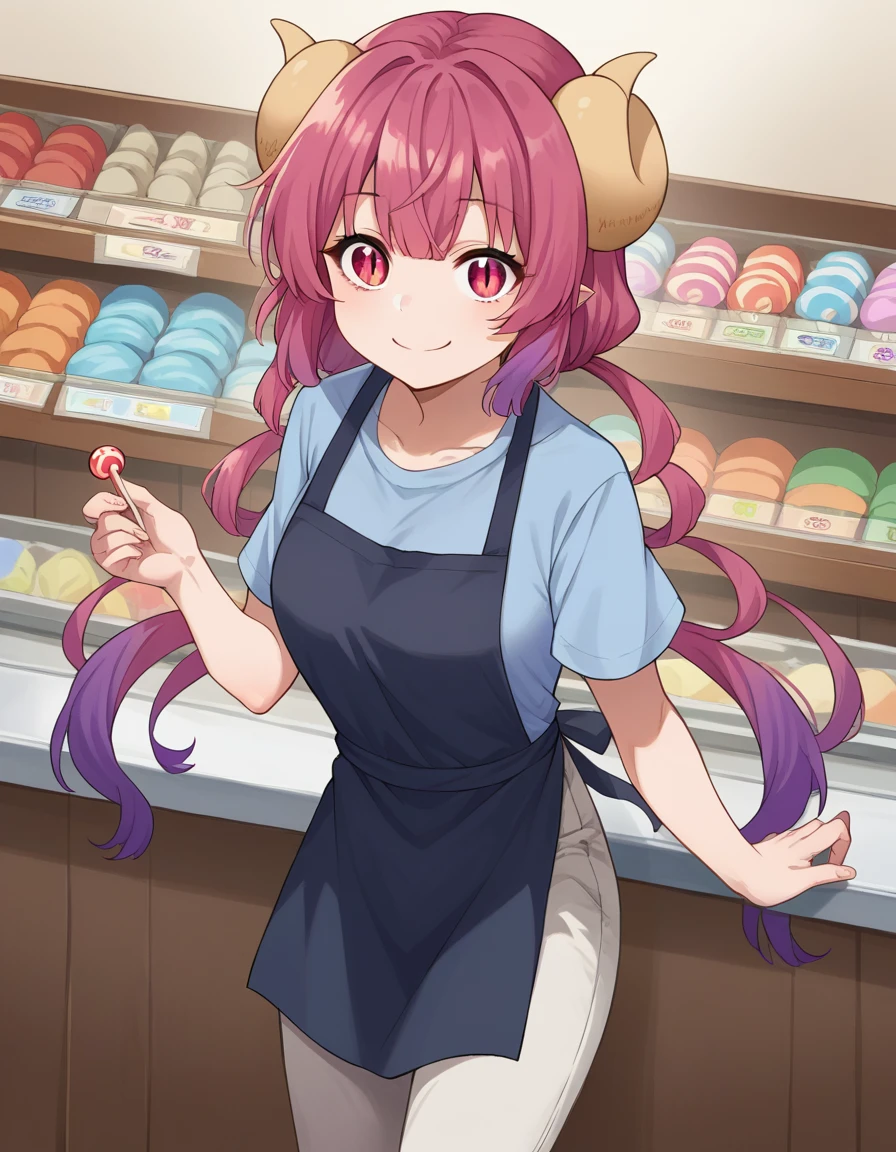 score_9, score_8_up, score_7_up, source_anime,
dragonilulu, ilulu, curled horns, horns, long hair, multicolored hair, purple hair, red eyes, red hair, slit pupils, smile,
shirt, short sleeves, apron, blue shirt, black apron, pants,
indoors, candy, candy store,
looking at viewer, cowboy shot, dutch angle, full body shot