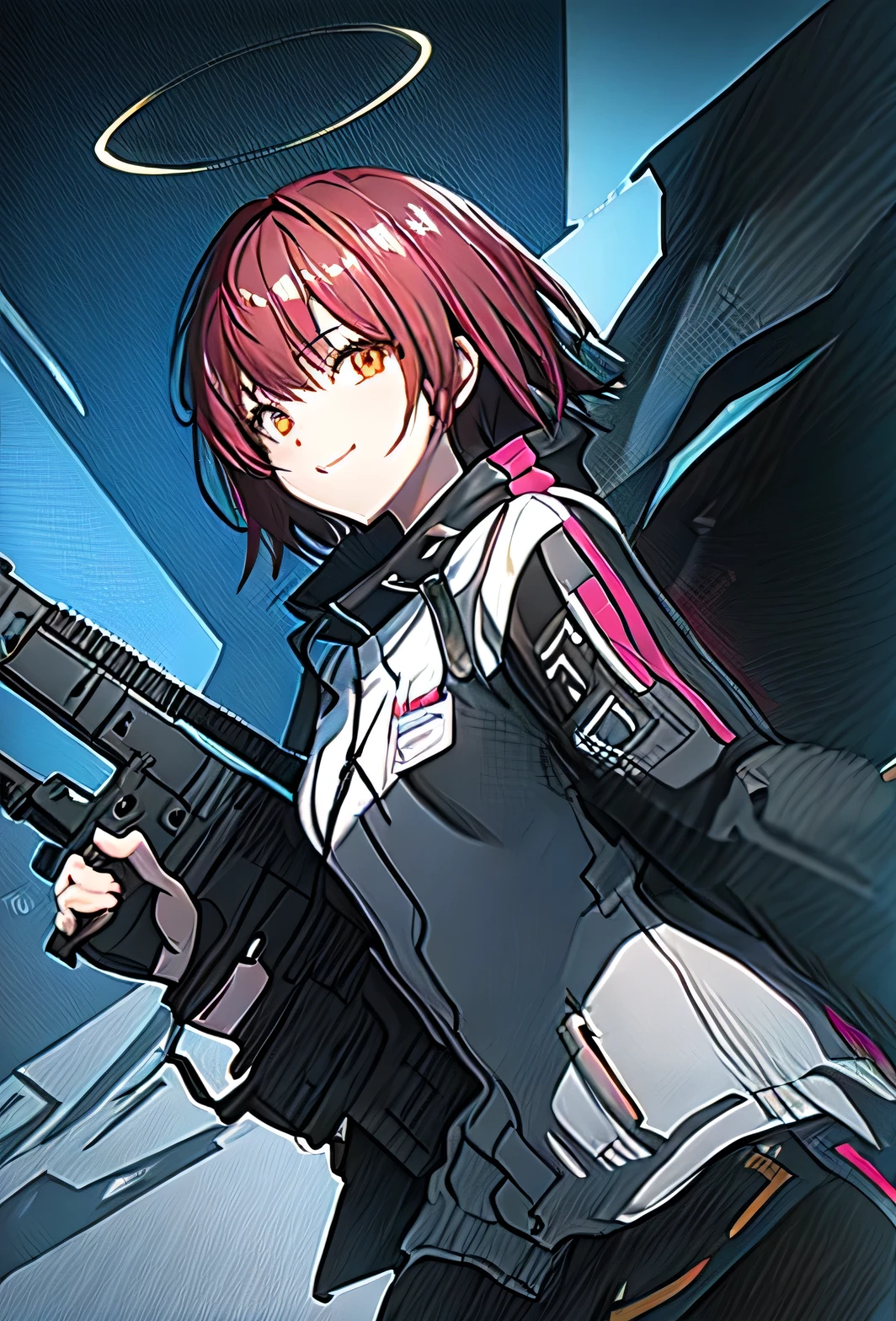 (Safety:1.10), One Anime Girl, smile, Mysterious look, Her hair sways wildly, Lean your whole body to the left, Jump and be in the air, Pointing a gun at the viewer, Teasing expression, (Exia_Arknights:1.10), (dynamic), Holding a HK416 gun, View your viewers, The background is cyberpunk, night