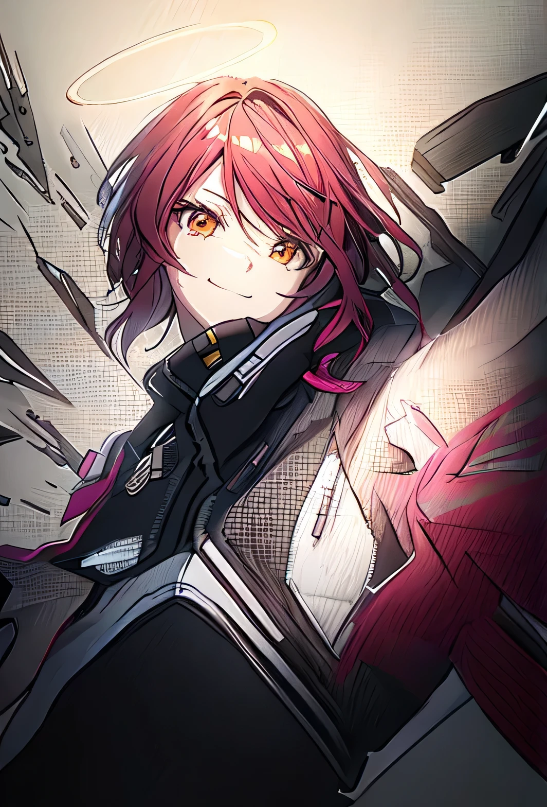 (Safety:1.10), One Anime Girl, smile, Mysterious look, Her hair sways wildly, Lean your whole body to the left, Jump and be in the air, Pointing a gun at the viewer, Teasing expression, (Exia_Arknights:1.10), (dynamic), Holding a HK416 gun, View your viewers, The background is cyberpunk, night