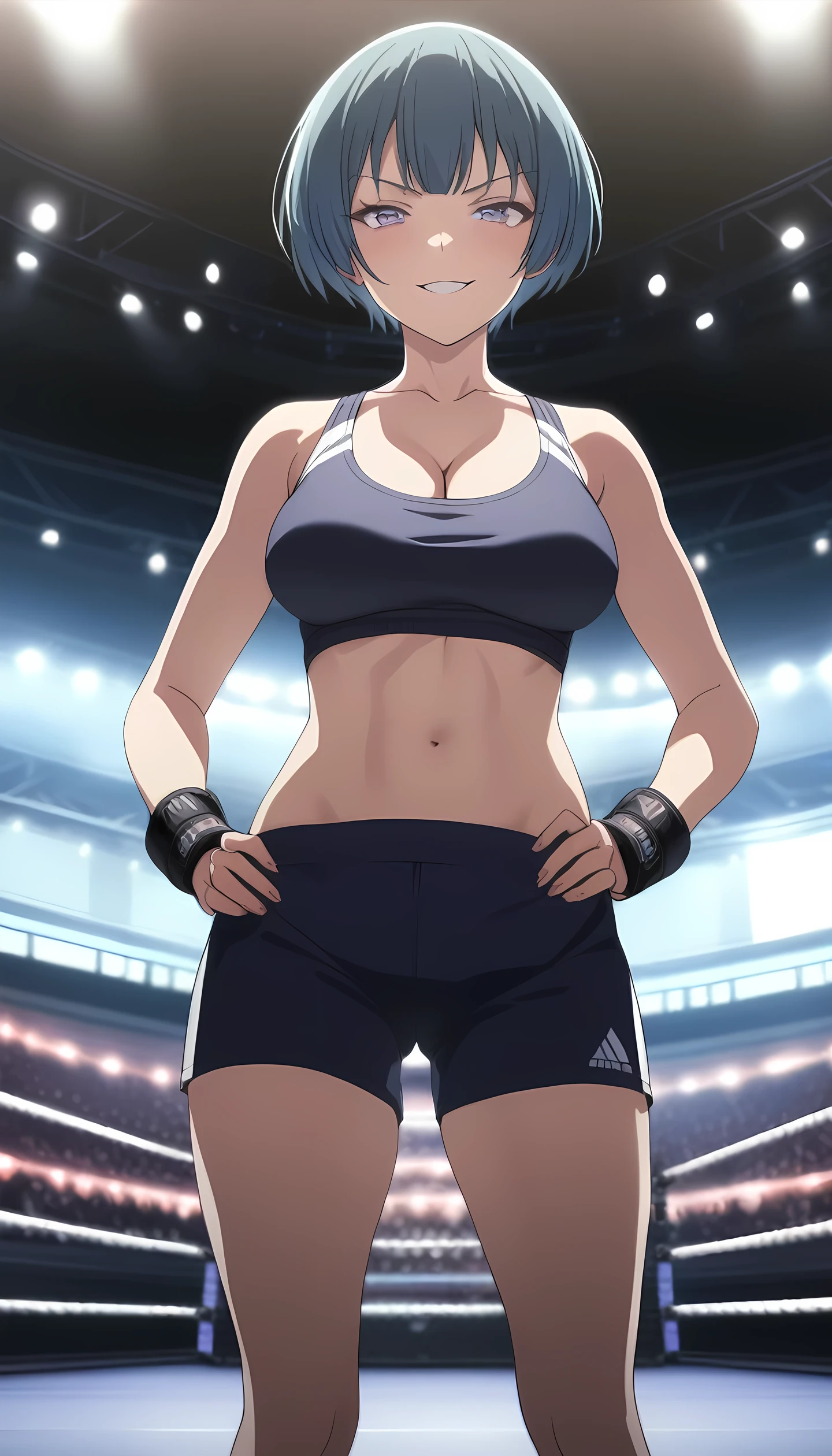 ibuki, 1girl, short hair, bangs, blue hair, purple eyes, midium breast, masterpiece, best quality, (wearing sexy sports wear:1.5, navel, cleavage), (on MMA Arena :1.5), smirk, Toned stomach, looking at viewer,stage lighting, Ultra HD,Detailed eyes,Detailed face, cowboy shot, anime screencap, realistic background,