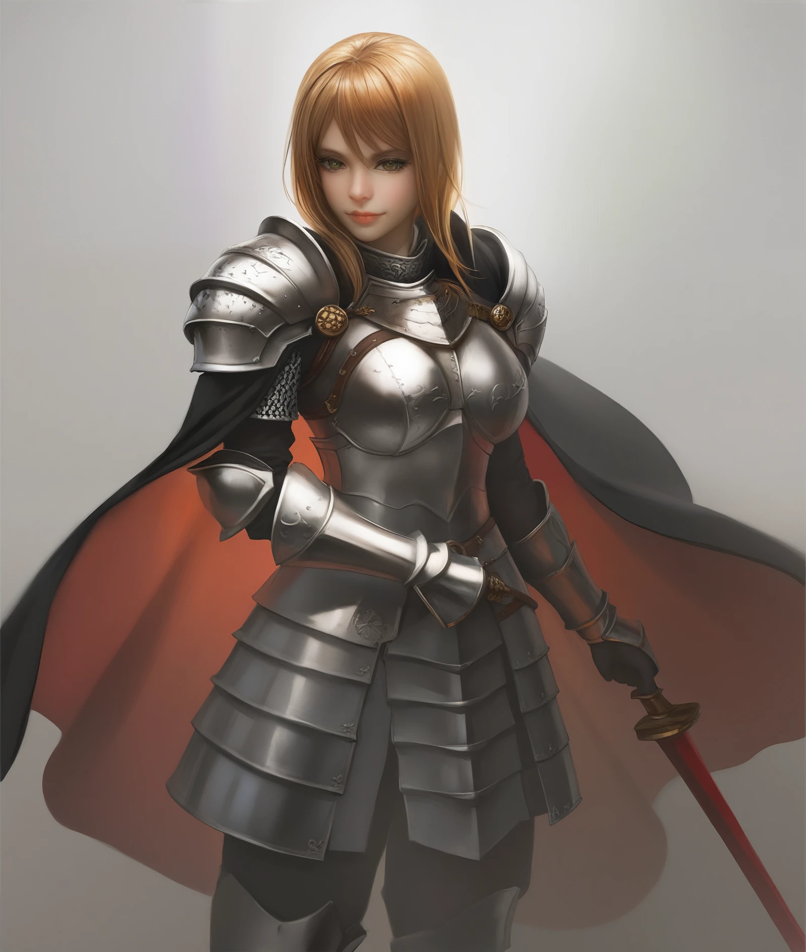 source_anime, score_9, score_8_up, score_7_up, score_6_up, hyperrealistic anime painting, Stylized female knight, detailed polished armor with gold accents, holding a sword with red handle, slight low-angle perspective, confident smile, soft lighting, cool metallic tones, foreshortened sword, playful yet powerful, balanced composition, soft flowing hair, shiny armor, black cape, subtle highlights and reflections, regal and approachable, dynamic pose