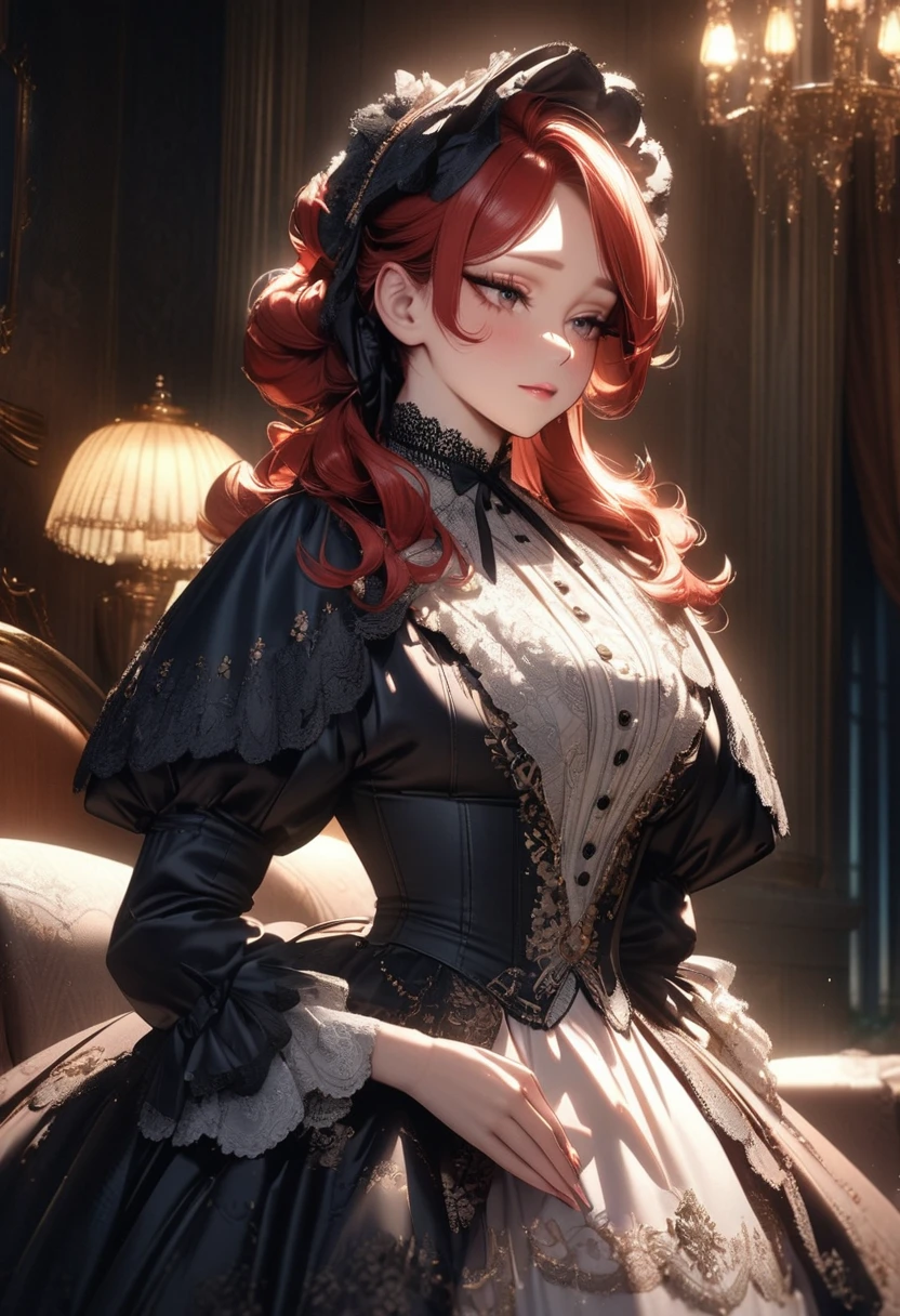 eautiful girl,( Setsuna Tokage \my hero academia\, mature, redhead, temptetion, gorgeous, seductive, victorian dress with frills,), indoors, dark room, hd, anime drawing, lovely eyes, 8k, cinematic light