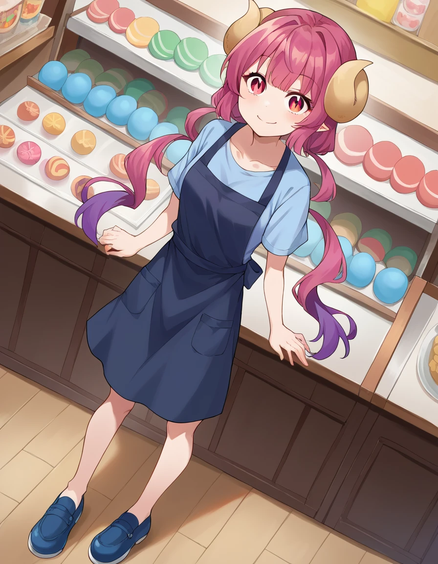 score_9, score_8_up, score_7_up, source_anime,
dragonilulu, ilulu, curled horns, horns, long hair, multicolored hair, purple hair, red eyes, red hair, slit pupils, smile,
shirt, short sleeves, apron, blue shirt, black apron, pants,
indoors, candy, candy store,
looking at viewer, cowboy shot, dutch angle, full body shot, blue shoes, bare legs