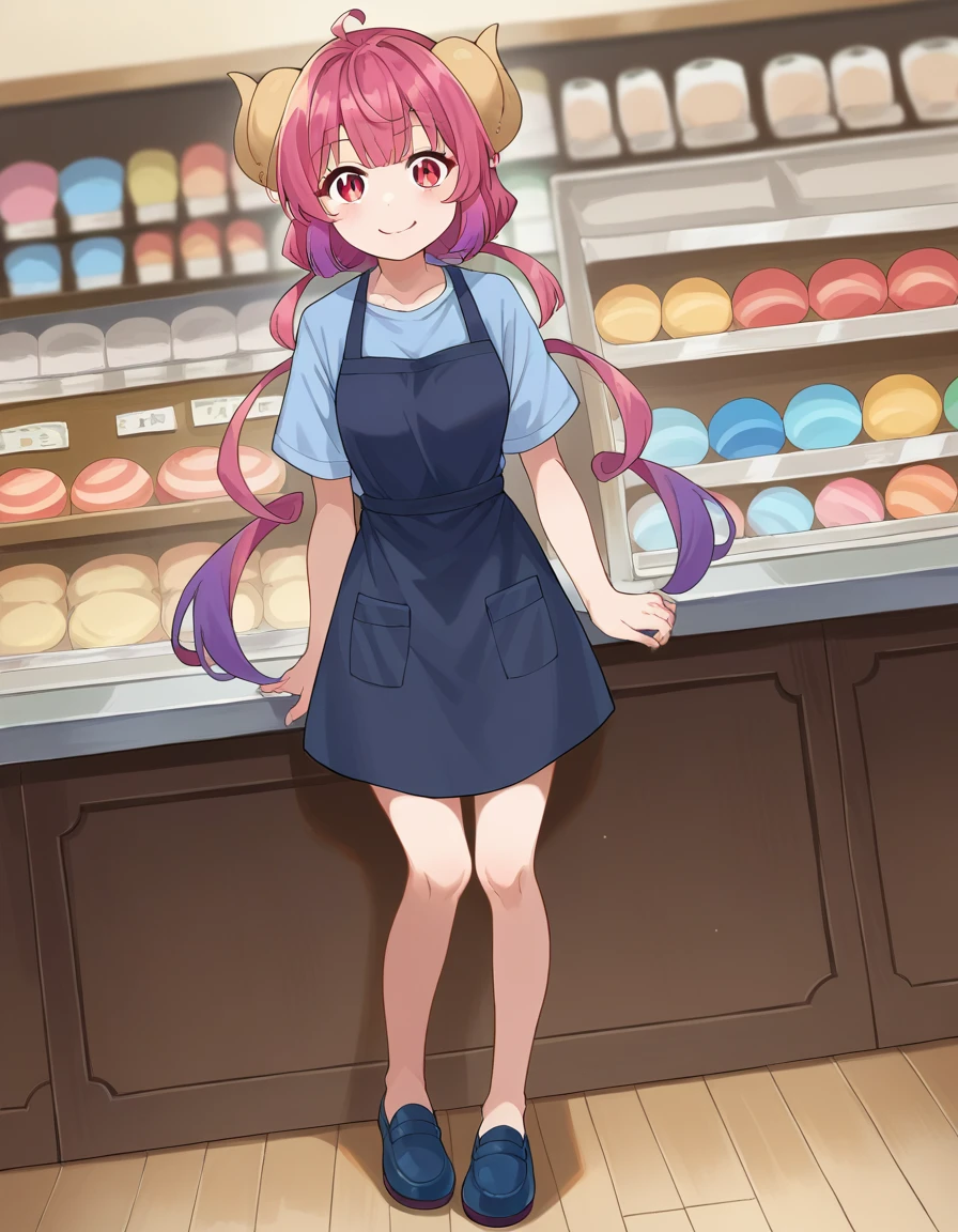 score_9, score_8_up, score_7_up, source_anime,
dragonilulu, ilulu, curled horns, horns, long hair, multicolored hair, purple hair, red eyes, red hair, slit pupils, smile,
shirt, short sleeves, apron, blue shirt, black apron, pants,
indoors, candy, candy store,
looking at viewer, cowboy shot, dutch angle, full body shot, blue shoes, bare legs