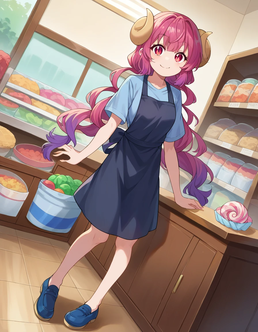 score_9, score_8_up, score_7_up, source_anime,
dragonilulu, ilulu, curled horns, horns, long hair, multicolored hair, purple hair, red eyes, red hair, slit pupils, smile,
shirt, short sleeves, apron, blue shirt, black apron, pants,
indoors, candy, candy store,
looking at viewer, cowboy shot, dutch angle, full body shot, blue shoes, bare legs