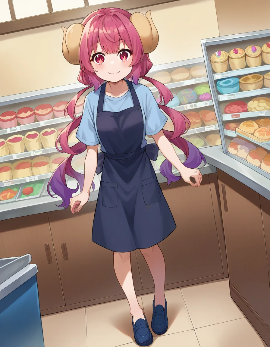 score_9, score_8_up, score_7_up, source_anime,
dragonilulu, ilulu, curled horns, horns, long hair, multicolored hair, purple hair, red eyes, red hair, slit pupils, smile,
shirt, short sleeves, apron, blue shirt, black apron, pants,
indoors, candy, candy store,
looking at viewer, cowboy shot, dutch angle, full body shot, blue shoes, bare legs