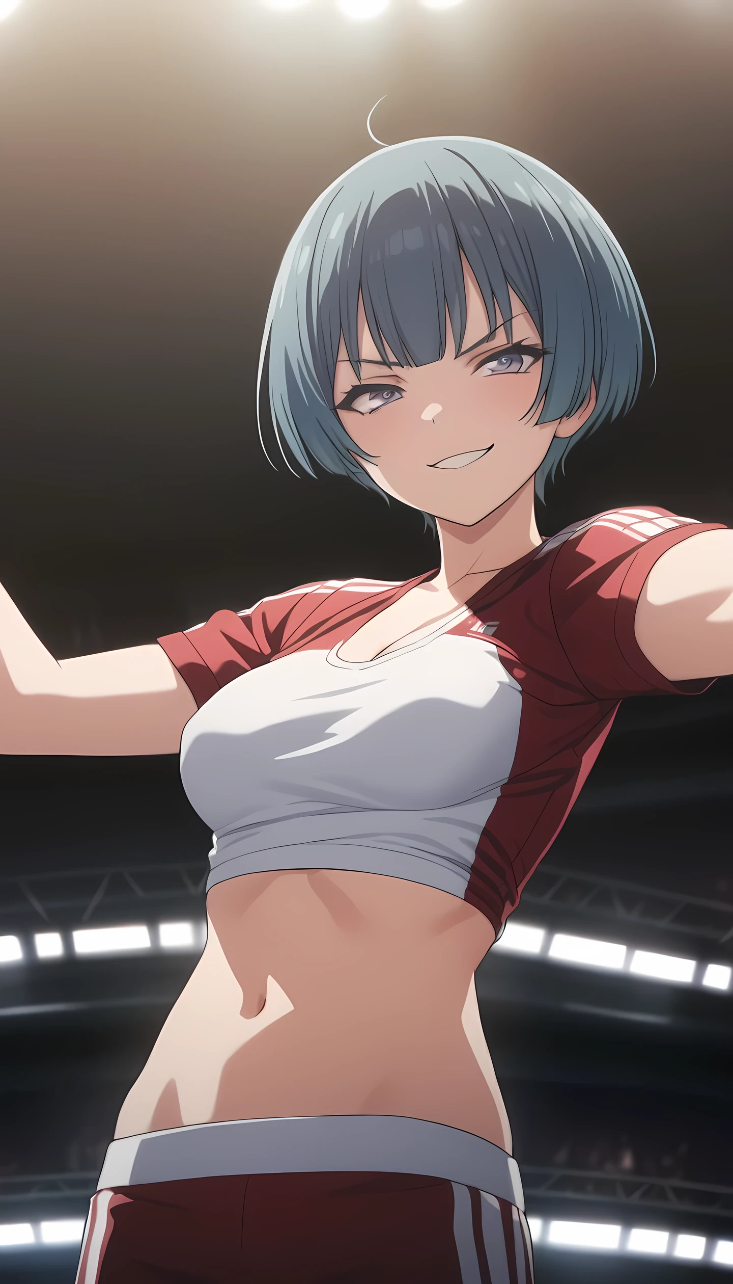 ibuki, 1girl, short hair, bangs, blue hair, purple eyes, midium breast, masterpiece, best quality, (wearing sexy sports wear:1.5, navel, cleavage), (on MMA Arena :1.5), smirk, Toned stomach, looking at viewer,stage lighting, Ultra HD,Detailed eyes,Detailed face, cowboy shot, anime screencap, realistic background,