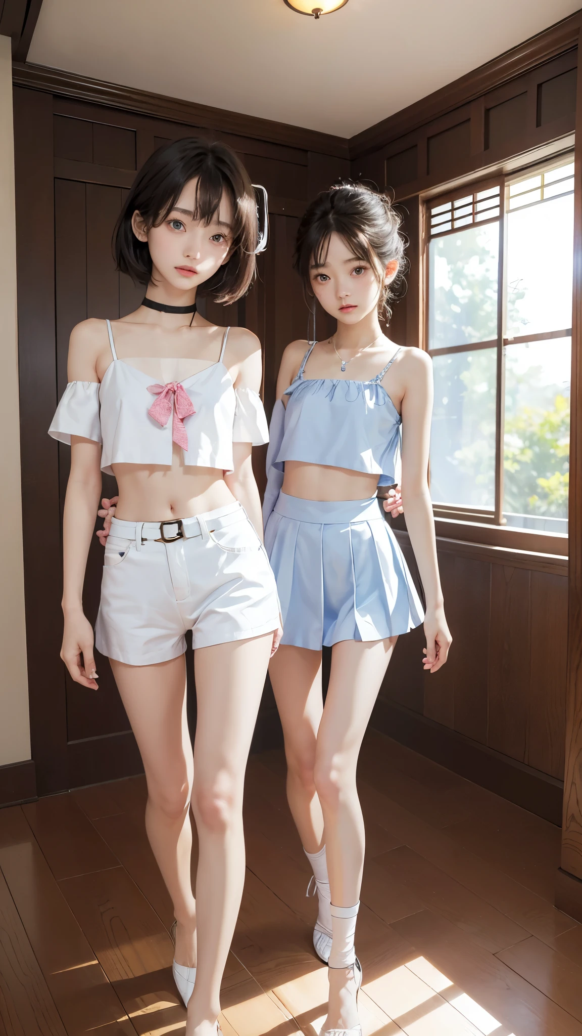 wearing little silk panties, random color panties, Japanese, high school girls, (((flat chest))), (flat chest:1.1), Perfect Face, two girls, Beautiful big eyes, twins, Masterpiece, Best quality, offcial art, Extremely detailed Cg Unity 8K wallpaper, 2 girls, cute female, hair adornments, Crop top, ribbon_choker necklace, leg belt, masterpiece, (((flat chest))), (flat chest:1.1), best quality, A-cup, Small breasts, detailed face, Thin legs, long legs, too long legs, Beautiful face, lovely, Cute twin girls, Long thin legs, thin thighs, High-resolution model, High detail, high quality, Very detailed, Ultra high definition, Textured skin, Anatomically correct, Anatomically correct, Ultra high definition, Very detailed, Textured skin, 