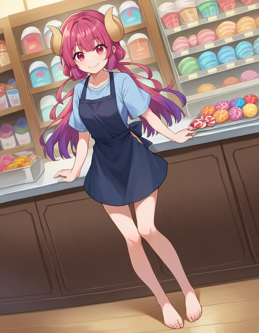 score_9, score_8_up, score_7_up, source_anime,
dragonilulu, ilulu, curled horns, horns, long hair, multicolored hair, purple hair, red eyes, red hair, slit pupils, smile,
shirt, short sleeves, apron, blue shirt, black apron, pants,
indoors, candy, candy store,
looking at viewer, cowboy shot, dutch angle, full body shot, barefoot, bare legs