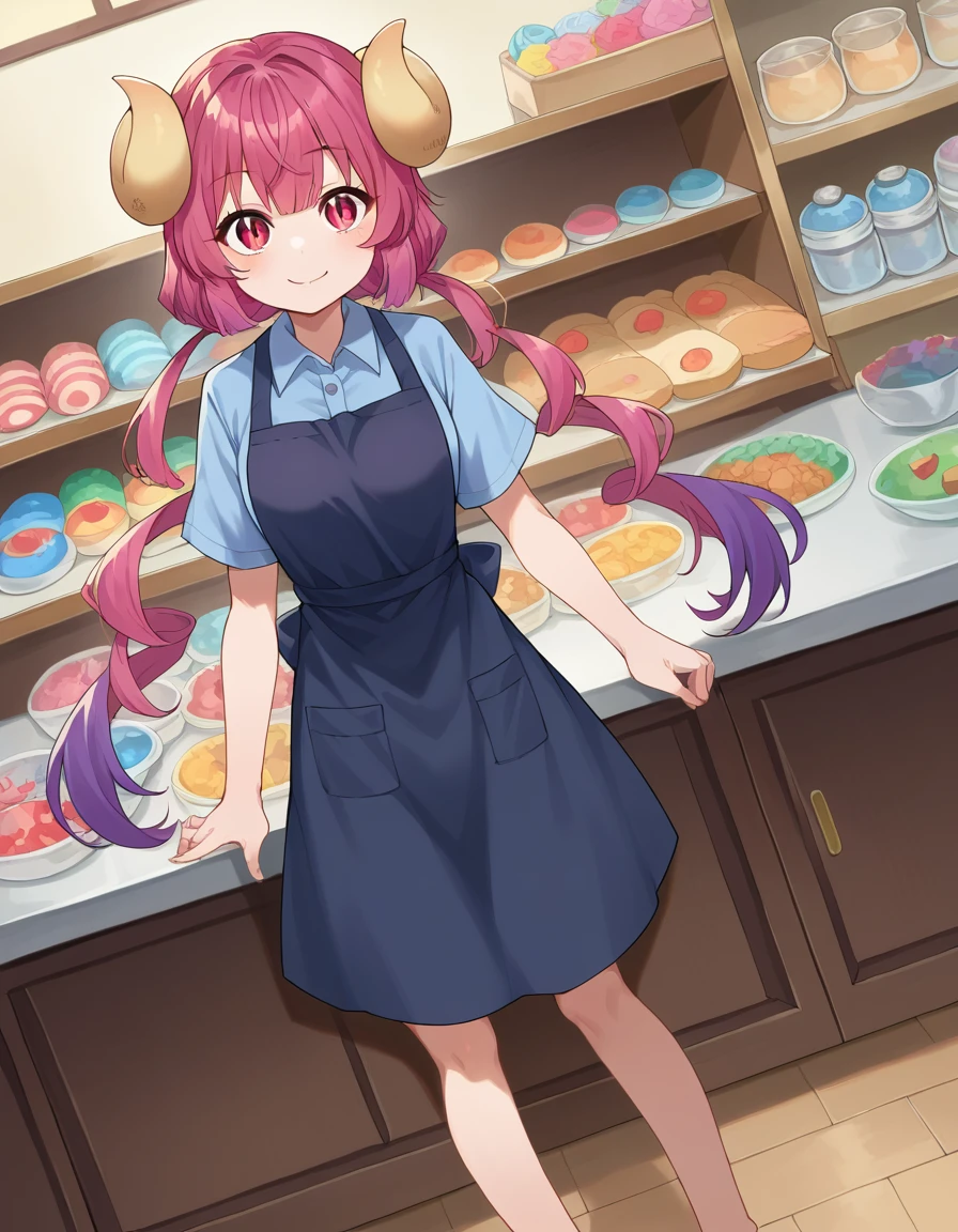 score_9, score_8_up, score_7_up, source_anime,
dragonilulu, ilulu, curled horns, horns, long hair, multicolored hair, purple hair, red eyes, red hair, slit pupils, smile,
shirt, short sleeves, apron, blue shirt, black apron, pants,
indoors, candy, candy store,
looking at viewer, cowboy shot, dutch angle, full body shot, barefoot, bare legs