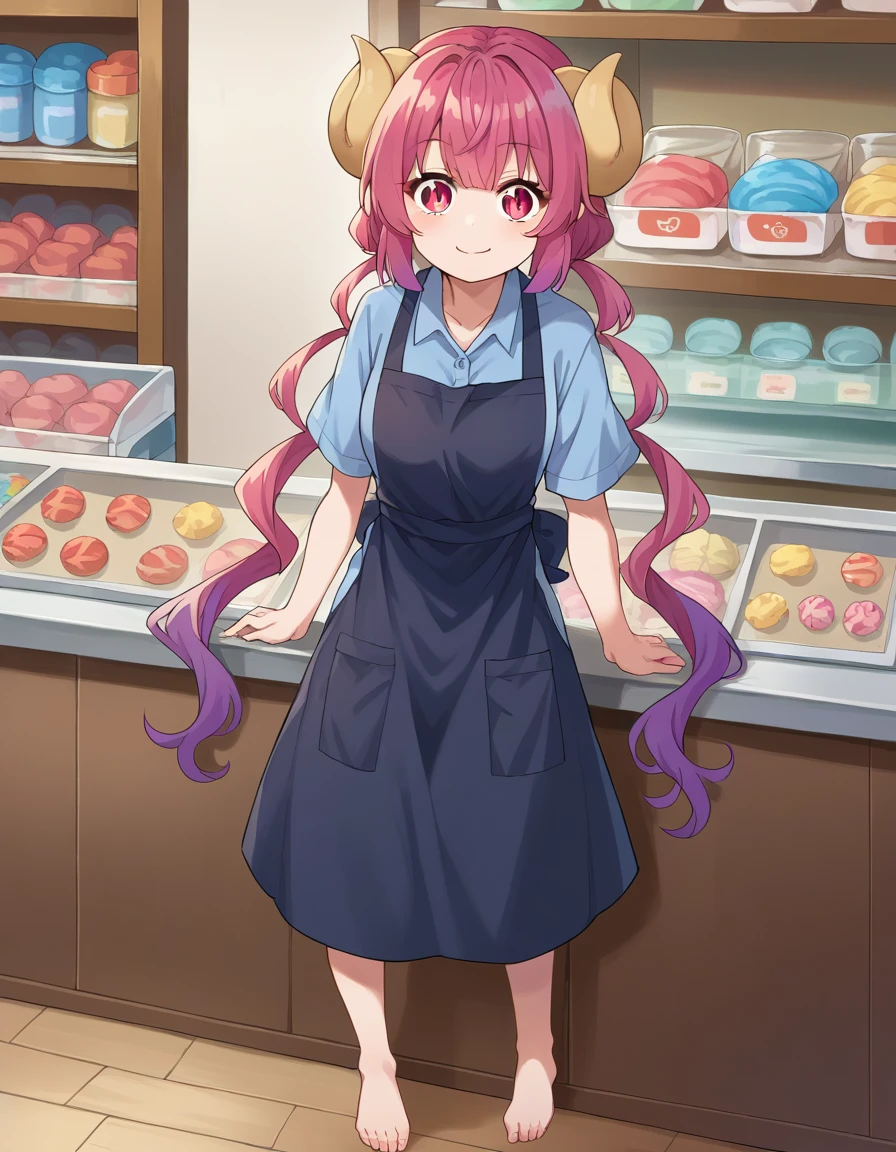 score_9, score_8_up, score_7_up, source_anime,
dragonilulu, ilulu, curled horns, horns, long hair, multicolored hair, purple hair, red eyes, red hair, slit pupils, smile,
shirt, short sleeves, apron, blue shirt, black apron, pants,
indoors, candy, candy store,
looking at viewer, cowboy shot, dutch angle, full body shot, barefoot, bare legs