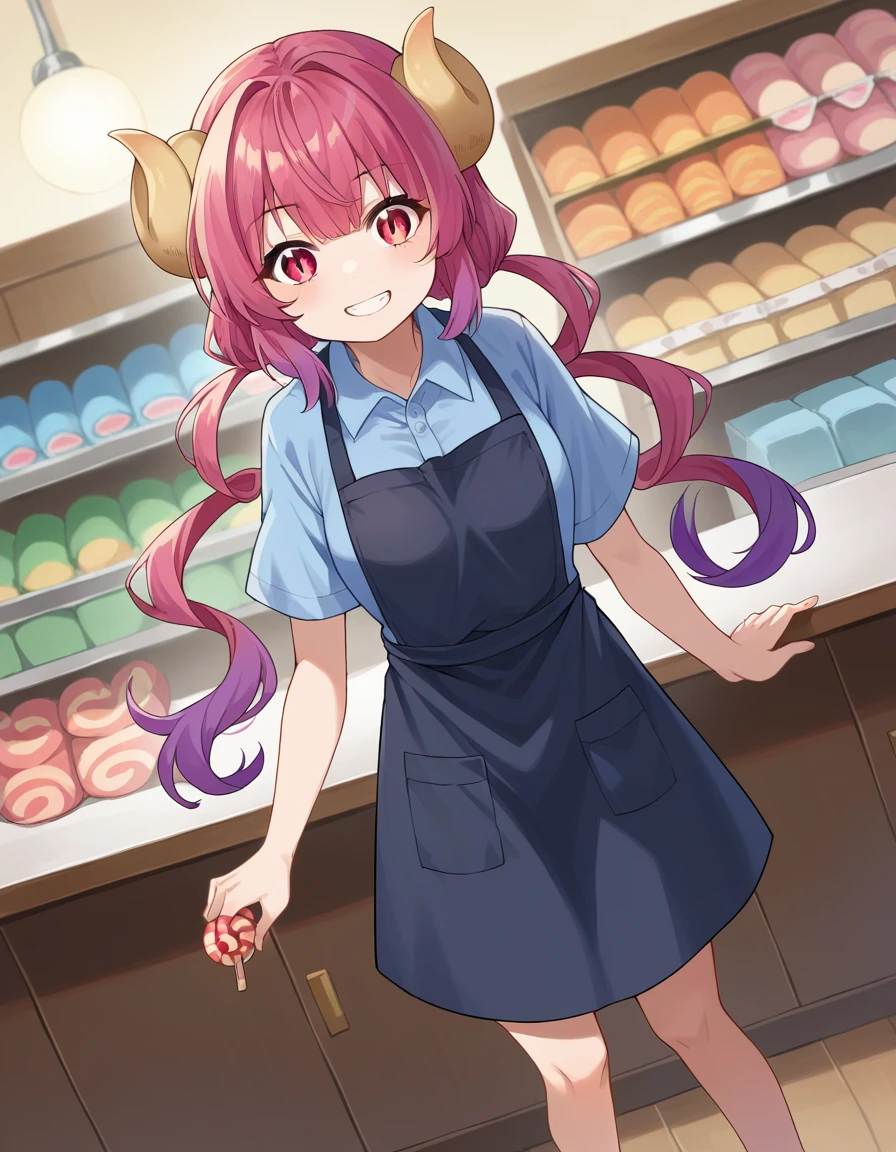 score_9, score_8_up, score_7_up, source_anime,
dragonilulu, ilulu, curled horns, horns, long hair, multicolored hair, purple hair, red eyes, red hair, slit pupils, smile,
shirt, short sleeves, apron, blue shirt, black apron, pants,
indoors, candy, candy store,
looking at viewer, cowboy shot, dutch angle, full body shot, barefoot, bare legs