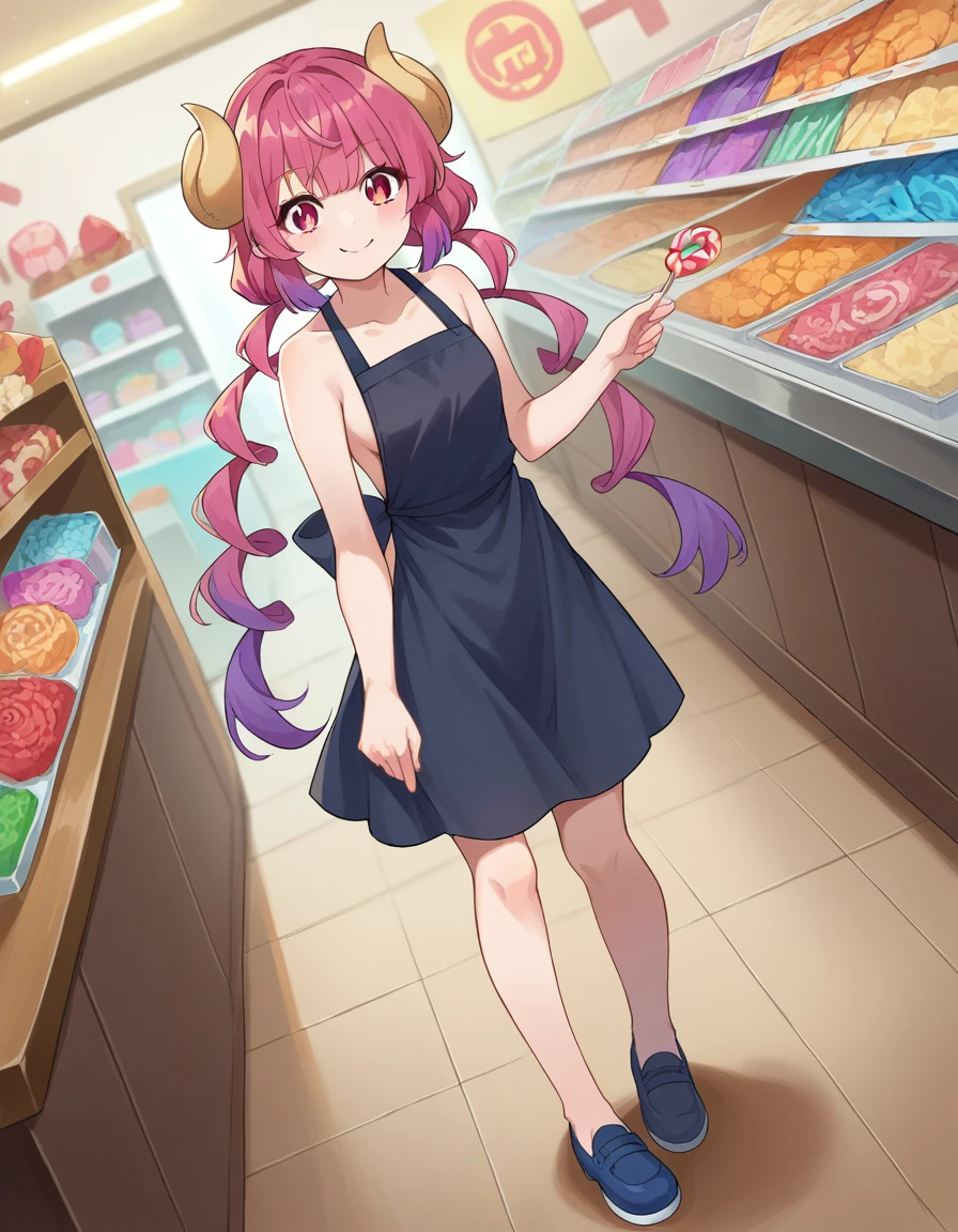 score_9, score_8_up, score_7_up, source_anime,
dragonilulu, ilulu, curled horns, horns, long hair, multicolored hair, purple hair, red eyes, red hair, slit pupils, smile,
 apron, black apron
indoors, candy, candy store,
looking at viewer, cowboy shot, dutch angle, full body shot, blue shoes, bare legs, nude