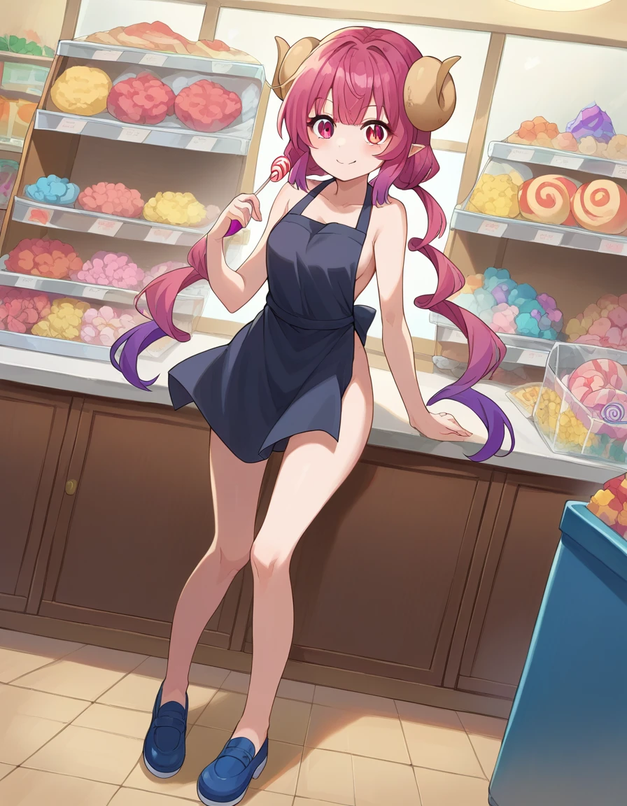 score_9, score_8_up, score_7_up, source_anime,
dragonilulu, ilulu, curled horns, horns, long hair, multicolored hair, purple hair, red eyes, red hair, slit pupils, smile,
 apron, black apron
indoors, candy, candy store,
looking at viewer, cowboy shot, dutch angle, full body shot, blue shoes, bare legs, nude