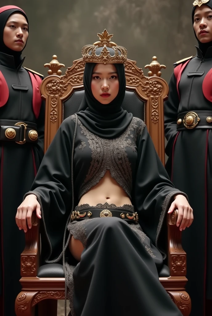 Compose a striking and cinematic photograph featuring a beautiful Malay woman in hijab and wear summer outfit seated on a throne as the leader of a mafia gang, surrounded by her loyal male followers. Use dramatic and moody lighting techniques to create a compelling atmosphere that highlights the intensity and power dynamic within the group. Pay special attention to the woman's confident and enigmatic expression as she commands the respect and allegiance of her followers. Capture the essence of their unity and authority, evoking a sense of intrigue and strength that defines their presence in the underworld."