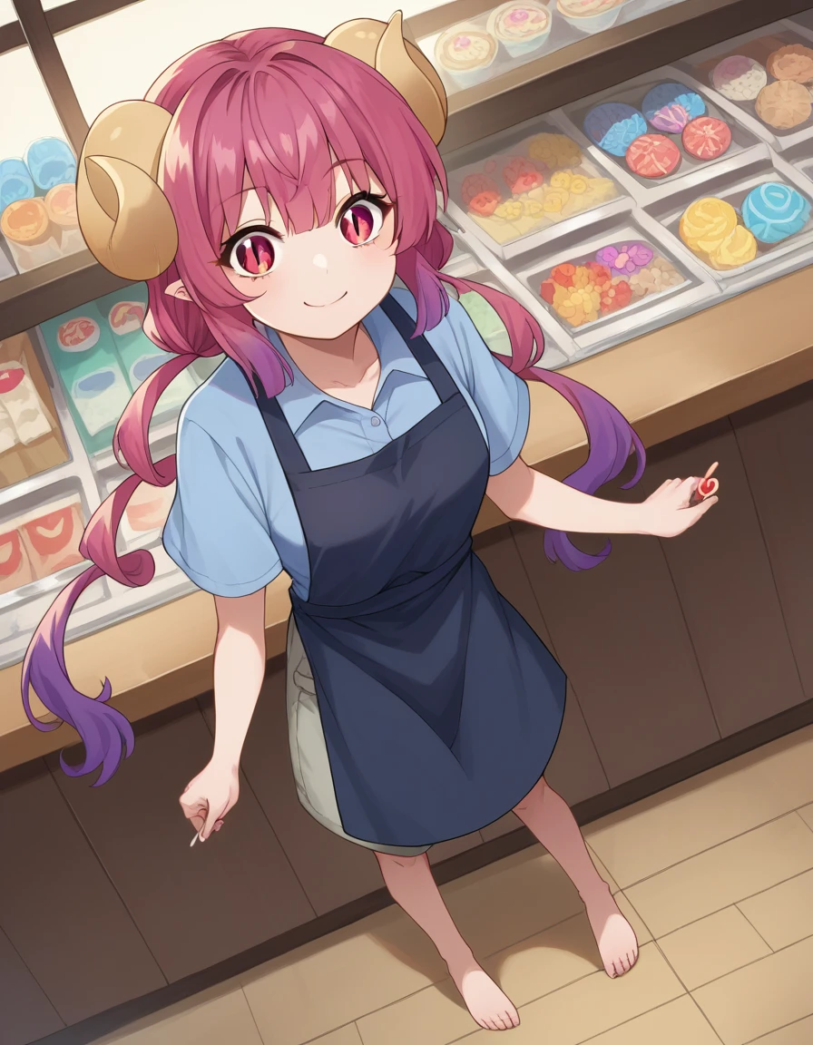 score_9, score_8_up, score_7_up, source_anime,
dragonilulu, ilulu, curled horns, horns, long hair, multicolored hair, purple hair, red eyes, red hair, slit pupils, smile,
shirt, short sleeves, apron, blue shirt, black apron, pants,
indoors, candy, candy store,
looking at viewer, cowboy shot, dutch angle, full body shot, barefoot, bare legs