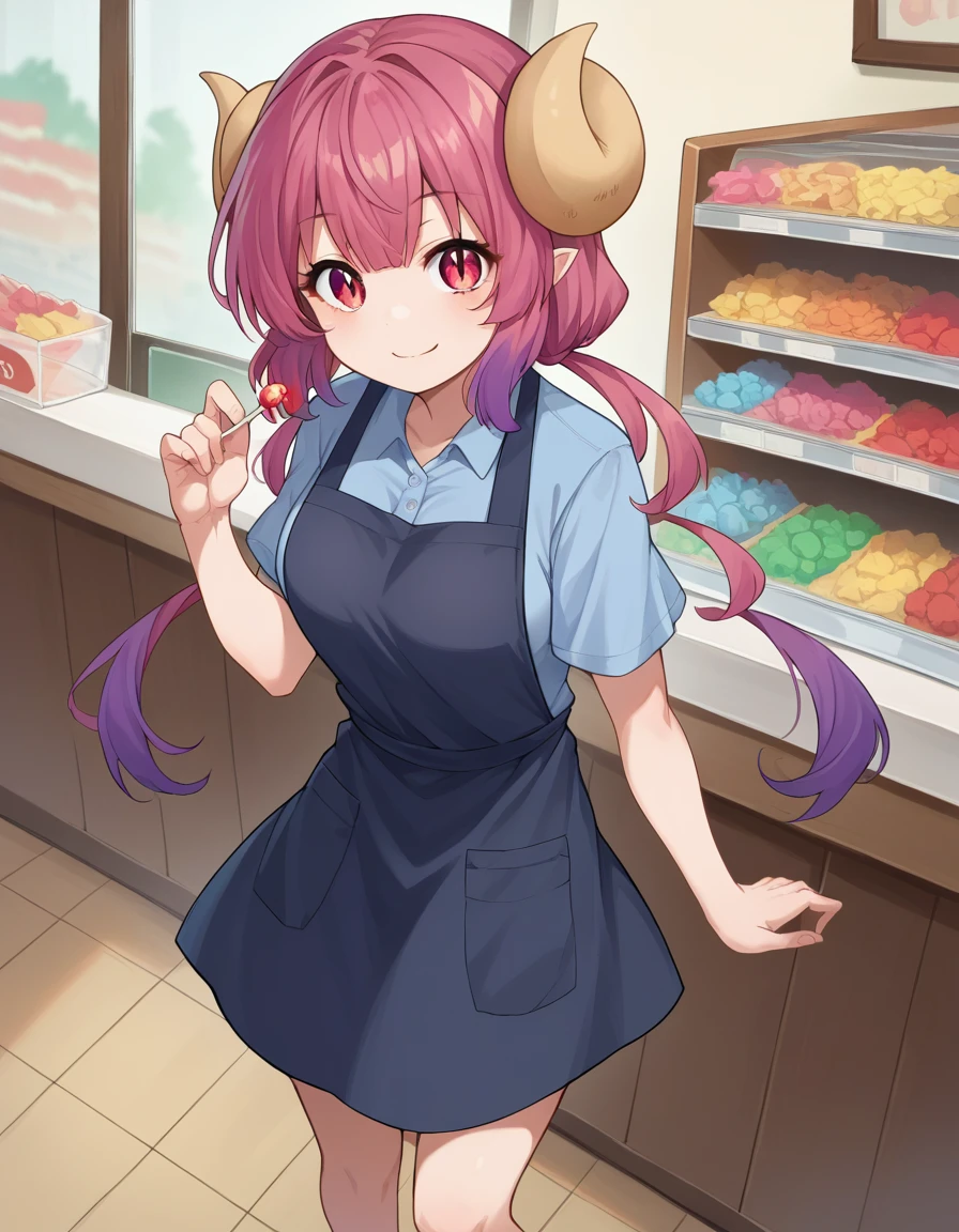 score_9, score_8_up, score_7_up, source_anime,
dragonilulu, ilulu, curled horns, horns, long hair, multicolored hair, purple hair, red eyes, red hair, slit pupils, smile,
shirt, short sleeves, apron, blue shirt, black apron, pants,
indoors, candy, candy store,
looking at viewer, cowboy shot, dutch angle, full body shot, barefoot, bare legs