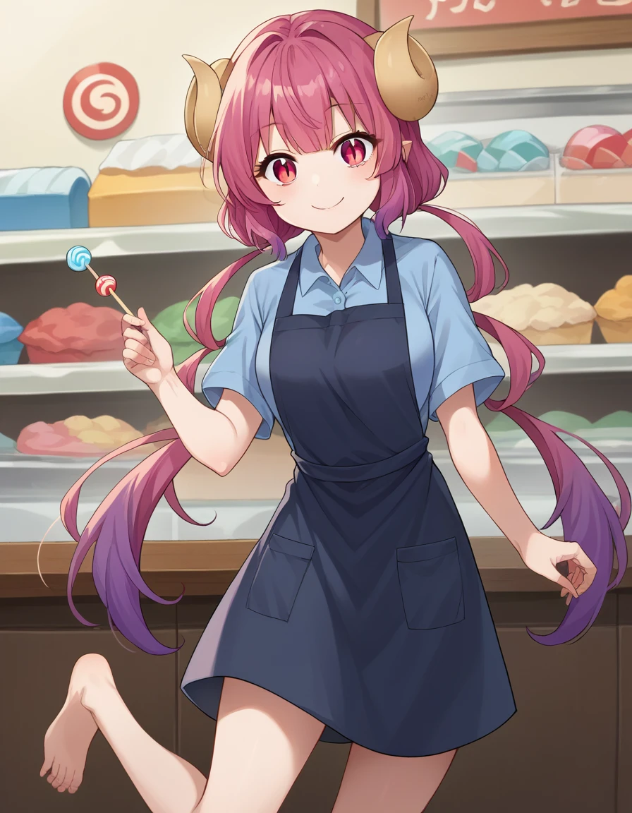 score_9, score_8_up, score_7_up, source_anime,
dragonilulu, ilulu, curled horns, horns, long hair, multicolored hair, purple hair, red eyes, red hair, slit pupils, smile,
shirt, short sleeves, apron, blue shirt, black apron, pants,
indoors, candy, candy store,
looking at viewer, cowboy shot, dutch angle, full body shot, barefoot, bare legs