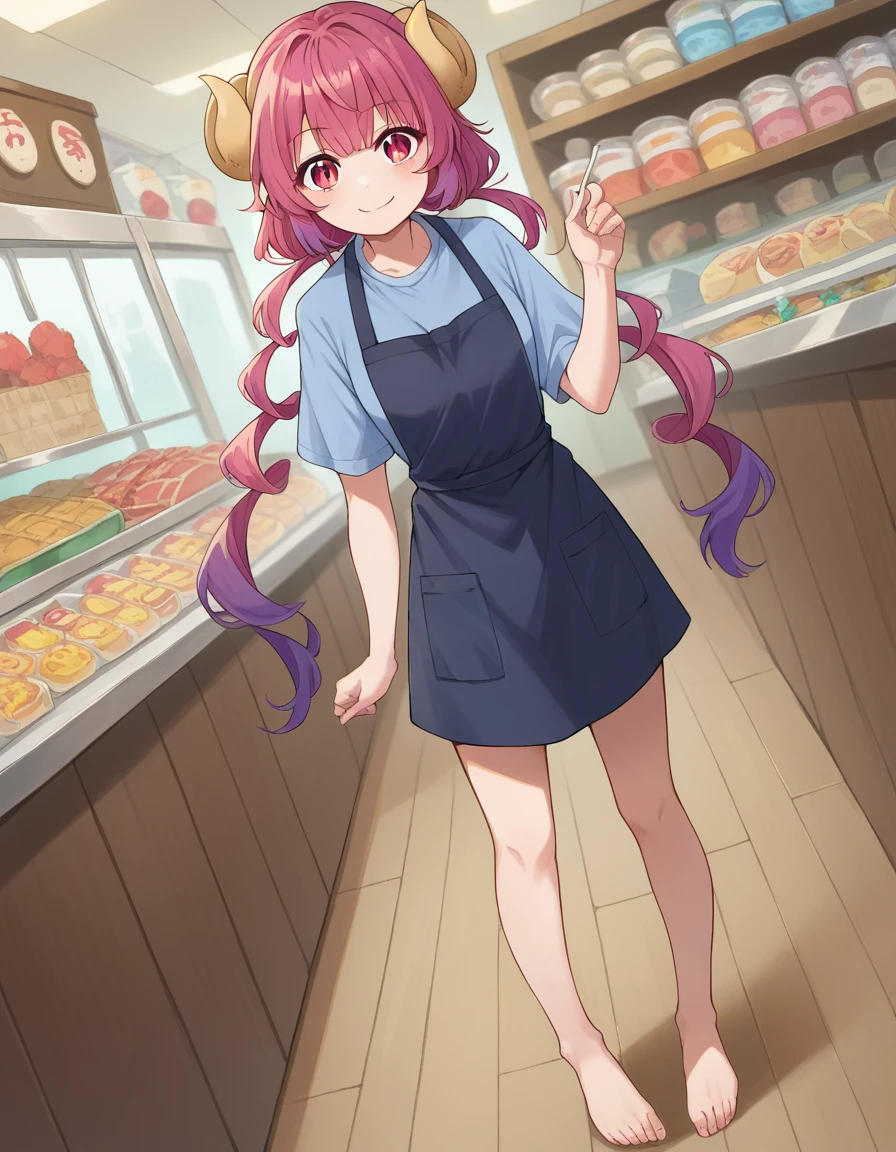 score_9, score_8_up, score_7_up, source_anime,
dragonilulu, ilulu, curled horns, horns, long hair, multicolored hair, purple hair, red eyes, red hair, slit pupils, smile,
shirt, short sleeves, apron, blue shirt, black apron, pants,
indoors, candy, candy store,
looking at viewer, cowboy shot, dutch angle, full body shot, barefoot, bare legs