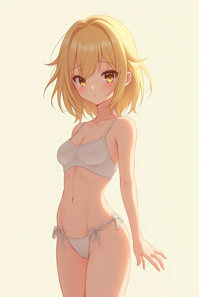 ((Masterpiece)), (Anime:1.5), ((best quality)), (RAW photo:1.2), (High Definition:1.3), (Professional Photography:1.2), (from below), 1girl, (()), (very smug), upper body, looking at viewer, loose bra top, O-ring, barearms, unruly hair, medium hair, (( no pants)), dog tag, blonde hair, (flat chest), cute hip, (lovely pose), ((inside the Dimly lit hotel corridor)),(exposed thin pubic hair)