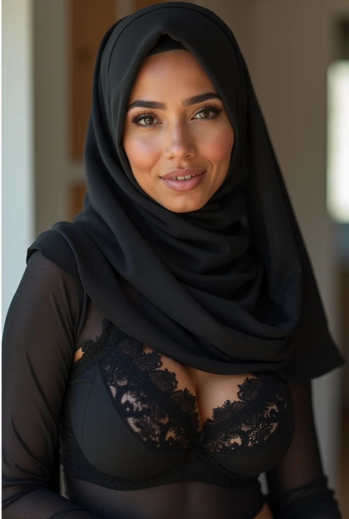 Fair and beautiful ,stunning ,curvy 40 year old Arab Muslim woman wearing a beige hijab showing top part of hair near forehead and dark puce abaya frock showing cleavage low neckline in depth of field apartment interior background 