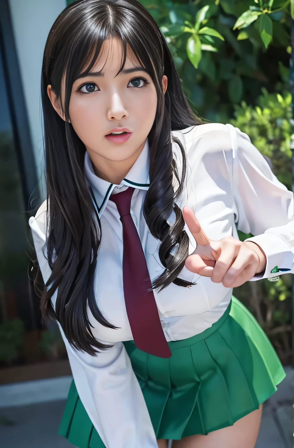 photorealistic, detailed, masterpiece, high resolution, 1 pretty school girl, rika shiraki, emerald sparkle eyes, platinum black hair, forehead, bangs, partial vertical curly hair, surprised expression, about to weep, braless, peace sign, all clothes see-through so much, Ivanka Trump, kitagawa keiko, presenting her apex between thighs,