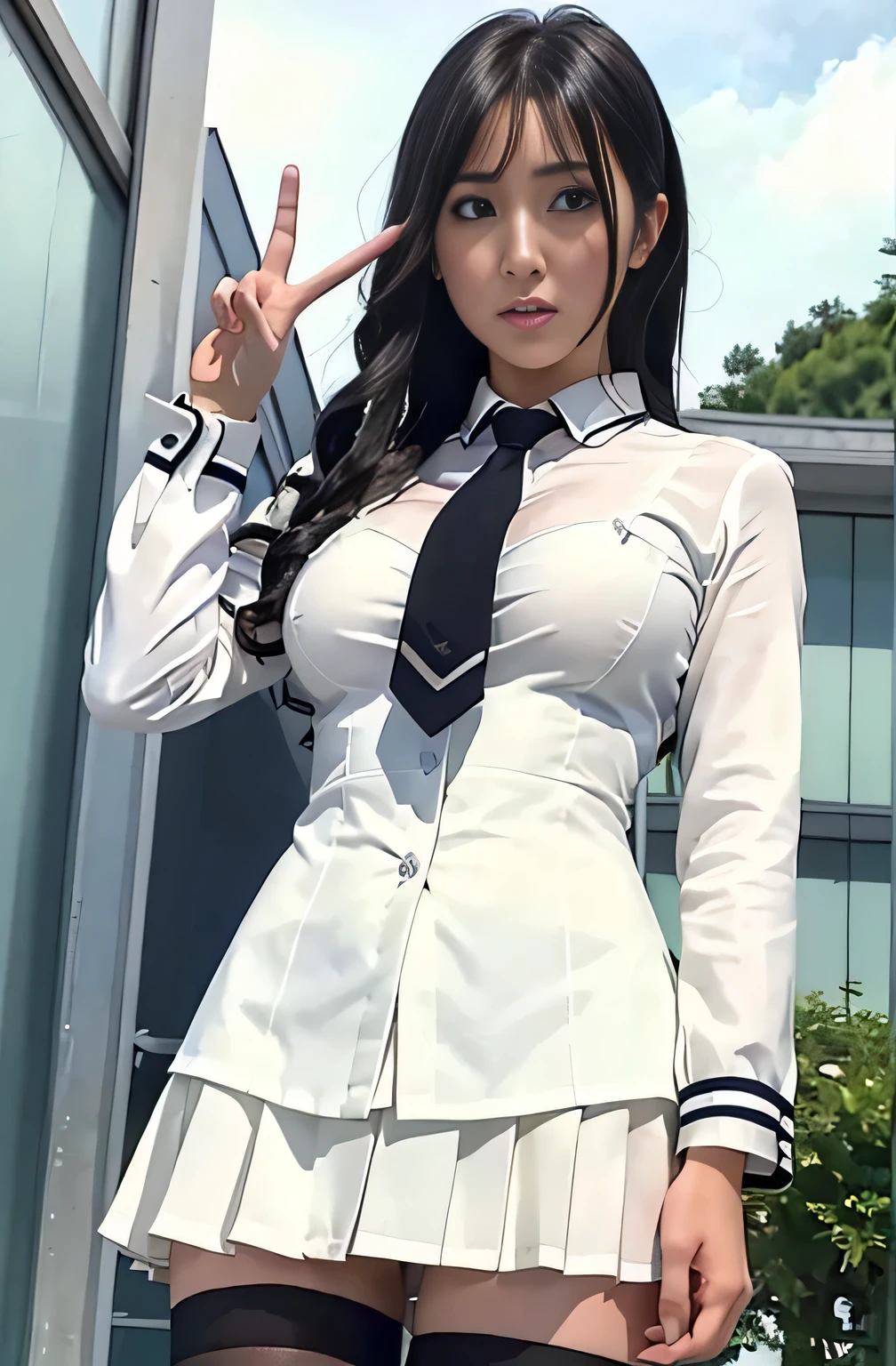 photorealistic, detailed, masterpiece, high resolution, 1 pretty school girl, rika shiraki, emerald sparkle eyes, platinum black hair, forehead, bangs, partial vertical curly hair, surprised expression, about to weep, braless, peace sign, all clothes see-through so much, Ivanka Trump, kitagawa keiko, presenting her apex between thighs,