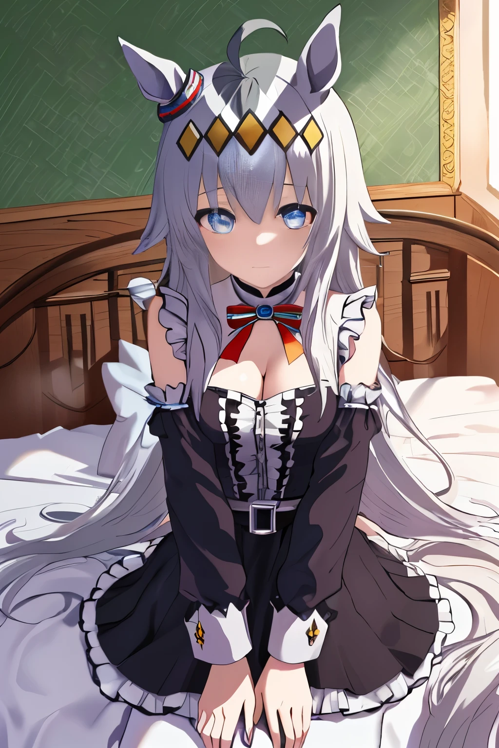 , (Best Quality), ( Highly detailed CG Unity 8k wallpaper), (Advanced Details) 、Make eye contact,Shy high school girl proudly, emphasize, lying、horse ear、Horse tail、depth of field 、medium breasts、silver hair、cleavage cutout、(full body)、bedroom、Ahoge、Goth frilly clothing、Side Tail