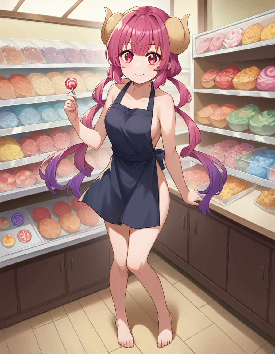 score_9, score_8_up, score_7_up, source_anime,
dragonilulu, ilulu, curled horns, horns, long hair, multicolored hair, purple hair, red eyes, red hair, slit pupils, smile,
 apron, black apron
indoors, candy, candy store,
looking at viewer, cowboy shot, dutch angle, full body shot, barefoot, bare legs, nude