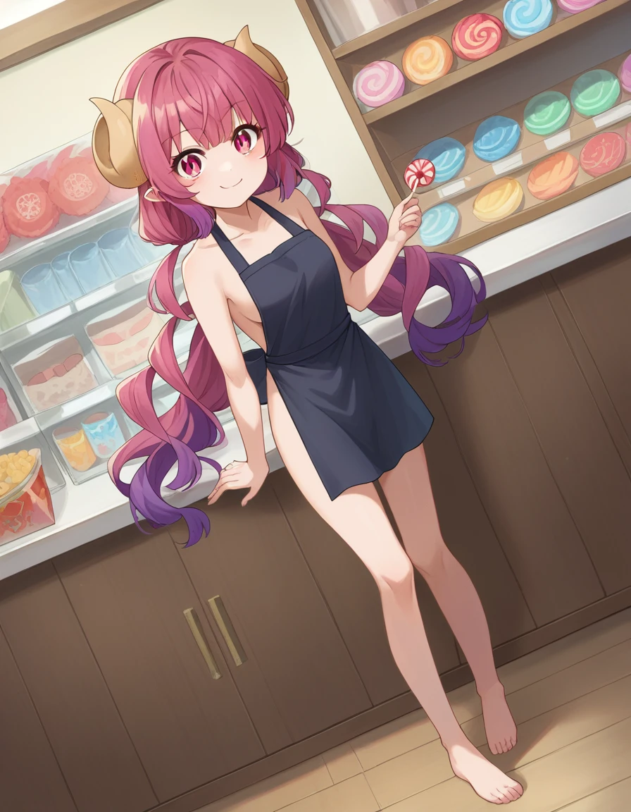 score_9, score_8_up, score_7_up, source_anime,
dragonilulu, ilulu, curled horns, horns, long hair, multicolored hair, purple hair, red eyes, red hair, slit pupils, smile,
 apron, black apron
indoors, candy, candy store,
looking at viewer, cowboy shot, dutch angle, full body shot, barefoot, bare legs, nude