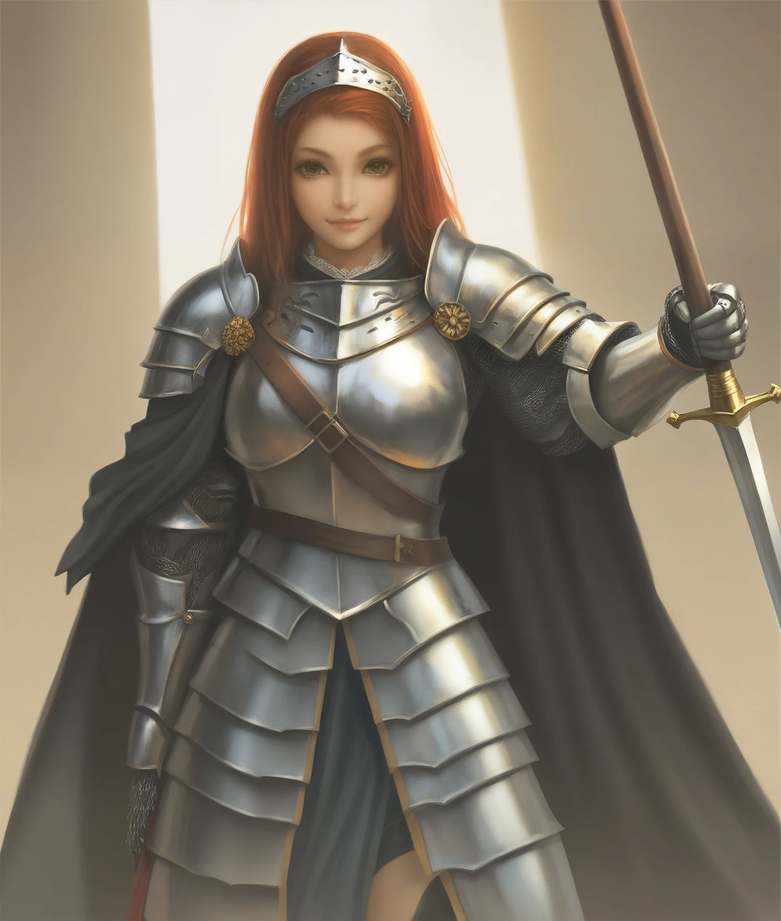 source_anime, score_9, score_8_up, score_7_up, score_6_up, hyperrealistic anime painting, Stylized female knight, detailed polished armor with gold accents, holding a sword with red handle, slight low-angle perspective, confident smile, soft lighting, cool metallic tones, foreshortened sword, playful yet powerful, balanced composition, soft flowing hair, shiny armor, black cape, subtle highlights and reflections, regal and approachable, dynamic pose