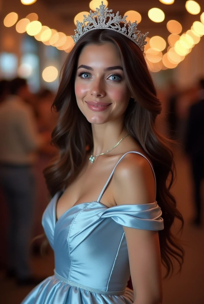 1 femme, long, wavy hair, dark brown eyes, busty , smirking , natural lighting, bridesmaid, wedding reception outside, light blue dress, highly detailed skin and face texture, detailed background, no blur, iphone camera, raw photo, instagram, longshot, full body, realistic, selfie, holding camera, taking photo