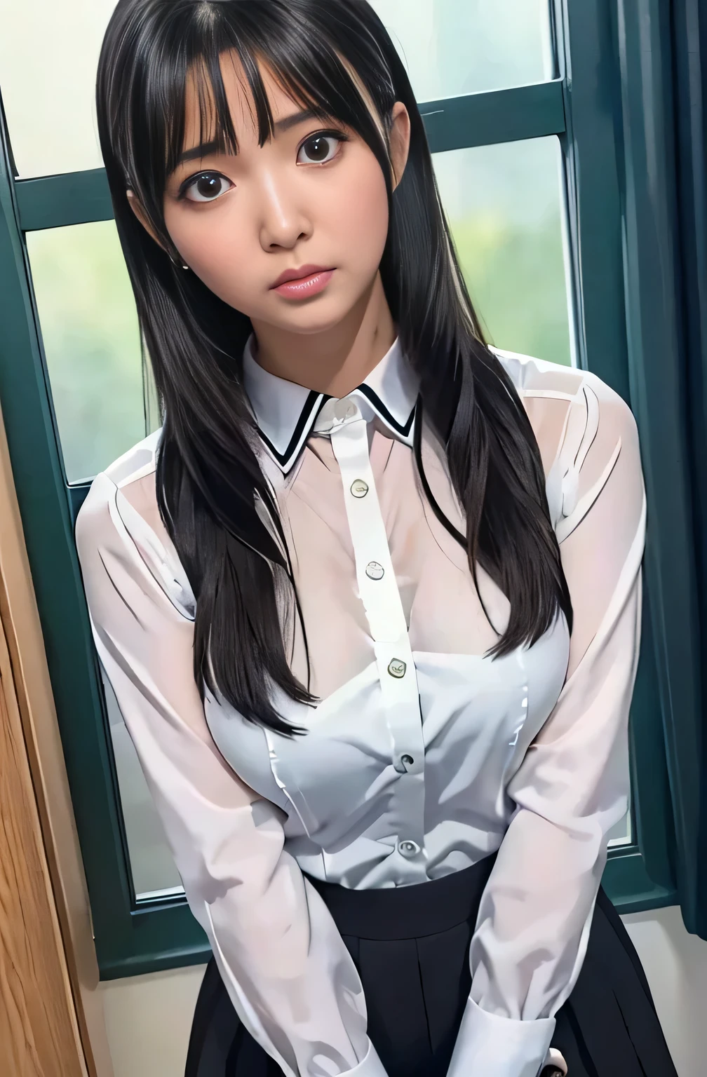 photorealistic, detailed, masterpiece, high resolution, 1 pretty school girl, rika shiraki, emerald sparkle eyes, platinum black hair, forehead, bangs, partial vertical curly hair, surprised expression, about to weep, braless, peace sign, all clothes see-through so much, Ivanka Trump, kitagawa keiko, presenting her apex between thighs,