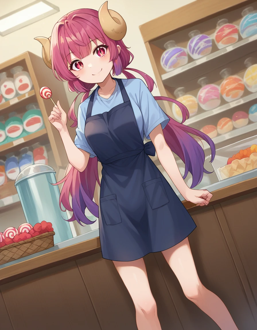 score_9, score_8_up, score_7_up, source_anime,
dragonilulu, ilulu, curled horns, horns, long hair, multicolored hair, purple hair, red eyes, red hair, slit pupils, smile,
shirt, short sleeves, apron, blue shirt, black apron, pants,
indoors, candy, candy store,
looking at viewer, cowboy shot, dutch angle, full body shot, barefoot, bare legs, showing viewer pussy