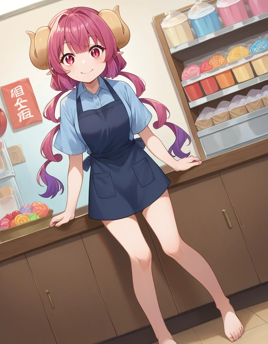 score_9, score_8_up, score_7_up, source_anime,
dragonilulu, ilulu, curled horns, horns, long hair, multicolored hair, purple hair, red eyes, red hair, slit pupils, smile,
shirt, short sleeves, apron, blue shirt, black apron, pants,
indoors, candy, candy store,
looking at viewer, cowboy shot, dutch angle, full body shot, barefoot, bare legs, showing viewer pussy