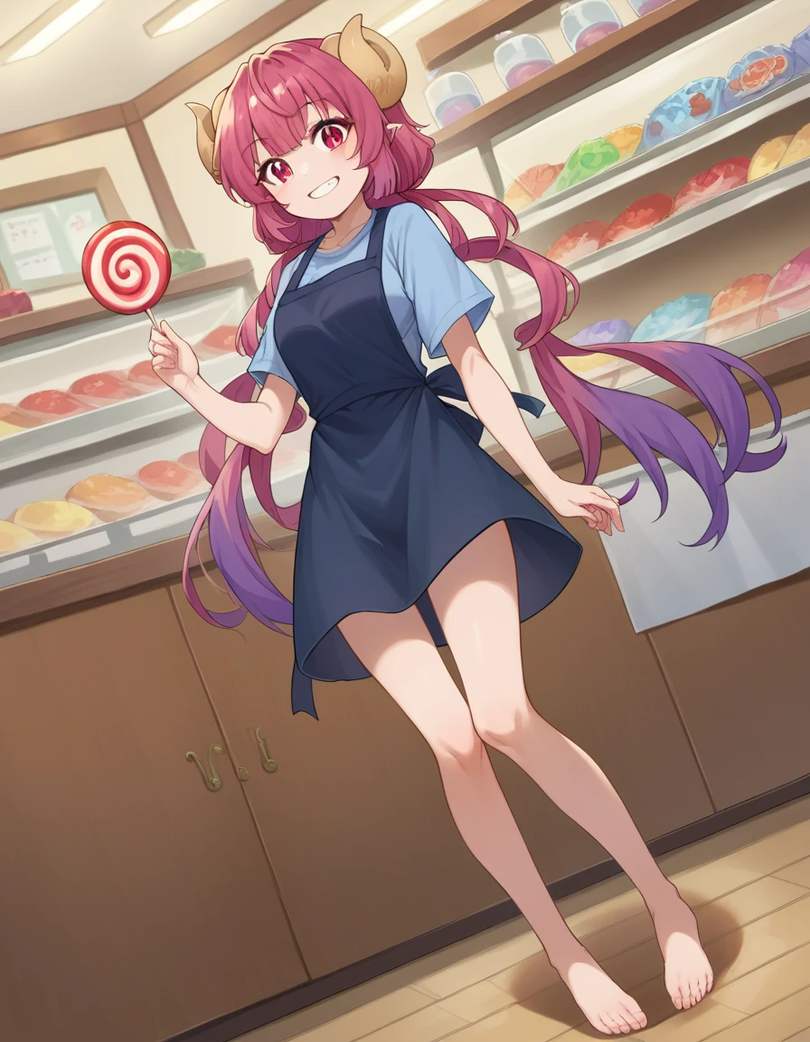 score_9, score_8_up, score_7_up, source_anime,
dragonilulu, ilulu, curled horns, horns, long hair, multicolored hair, purple hair, red eyes, red hair, slit pupils, smile,
shirt, short sleeves, apron, blue shirt, black apron, pants,
indoors, candy, candy store,
looking at viewer, cowboy shot, dutch angle, full body shot, barefoot, bare legs, showing viewer pussy