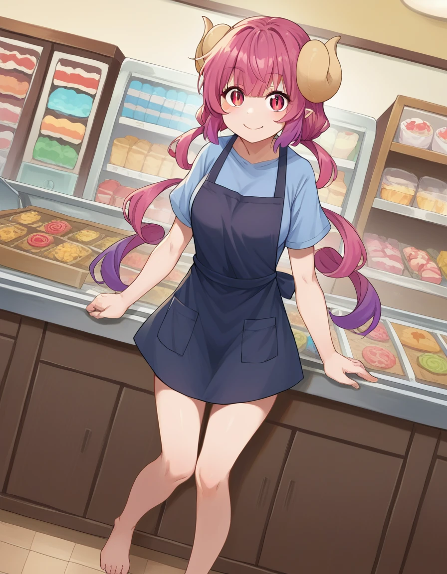 score_9, score_8_up, score_7_up, source_anime,
dragonilulu, ilulu, curled horns, horns, long hair, multicolored hair, purple hair, red eyes, red hair, slit pupils, smile,
shirt, short sleeves, apron, blue shirt, black apron, pants,
indoors, candy, candy store,
looking at viewer, cowboy shot, dutch angle, full body shot, barefoot, bare legs, showing viewer pussy