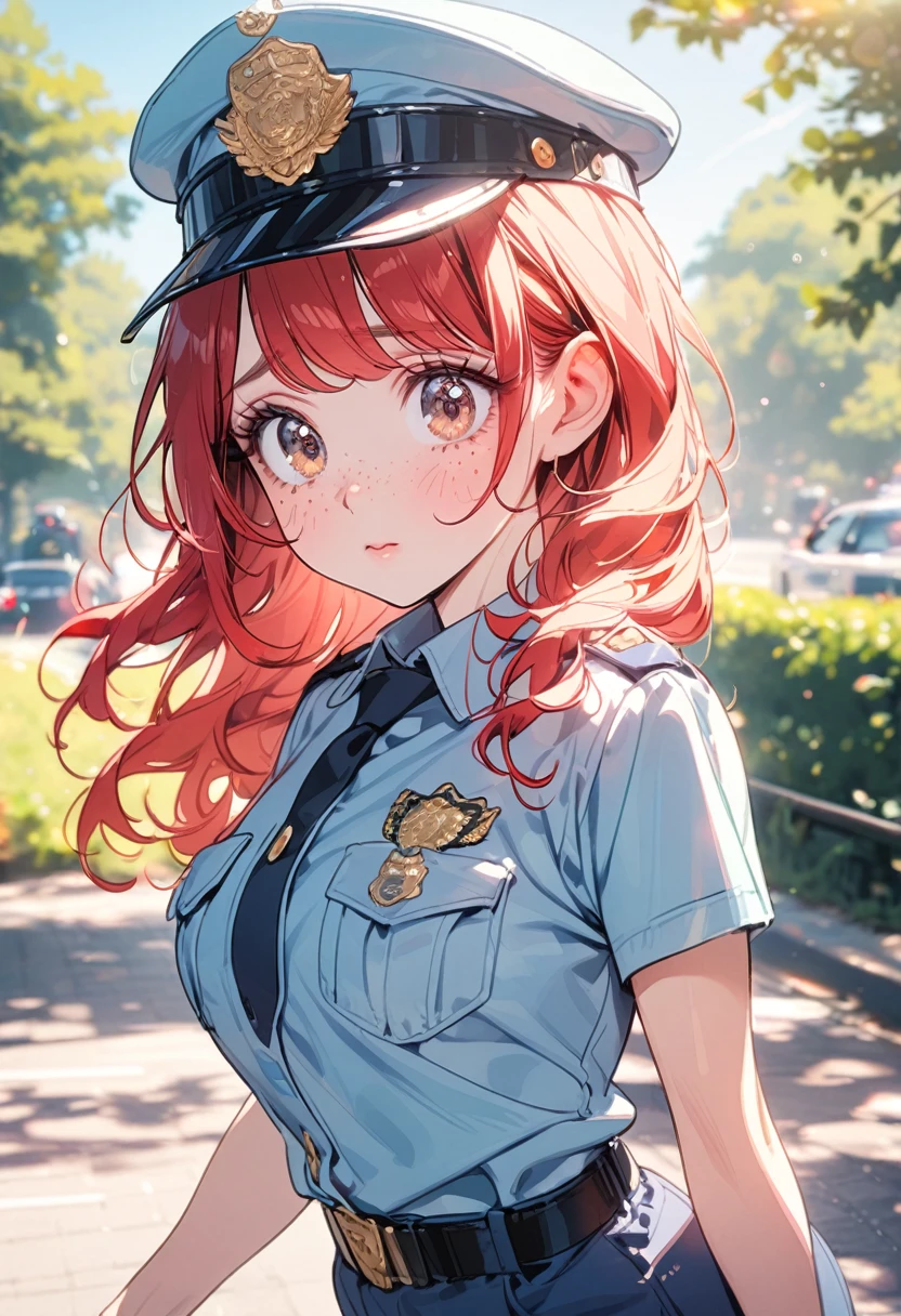 woman, mature, gorgeous, (red hair, shy, freckles, big eyes), police uniform, hat, outdoors, sunny, pastel color