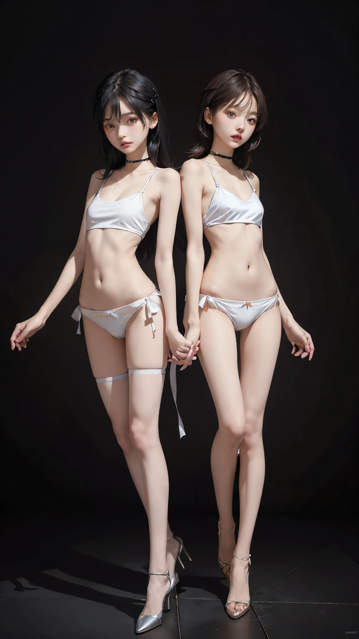 wearing little silk panties, random color panties, Japanese, high school girls, (((flat chest))), (flat chest:1.1), Perfect Face, two girls, Beautiful big eyes, twins, Masterpiece, Best quality, offcial art, Extremely detailed Cg Unity 8K wallpaper, 2 girls, cute female, hair adornments, Crop top, ribbon_choker necklace, leg belt, masterpiece, (((flat chest))), (flat chest:1.1), best quality, A-cup, Small breasts, detailed face, Thin legs, long legs, too long legs, Beautiful face, lovely, Cute twin girls, Long thin legs, thin thighs, High-resolution model, High detail, high quality, Very detailed, Ultra high definition, Textured skin, Anatomically correct, Anatomically correct, Ultra high definition, Very detailed, Textured skin,