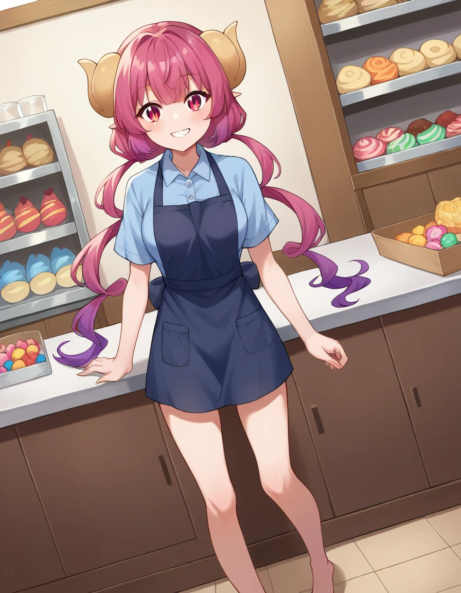 score_9, score_8_up, score_7_up, source_anime,
dragonilulu, ilulu, curled horns, horns, long hair, multicolored hair, purple hair, red eyes, red hair, slit pupils, smile,
shirt, short sleeves, apron, blue shirt, black apron, pants,
indoors, candy, candy store,
looking at viewer, cowboy shot, dutch angle, full body shot, barefoot, bare legs, showing viewer pussy