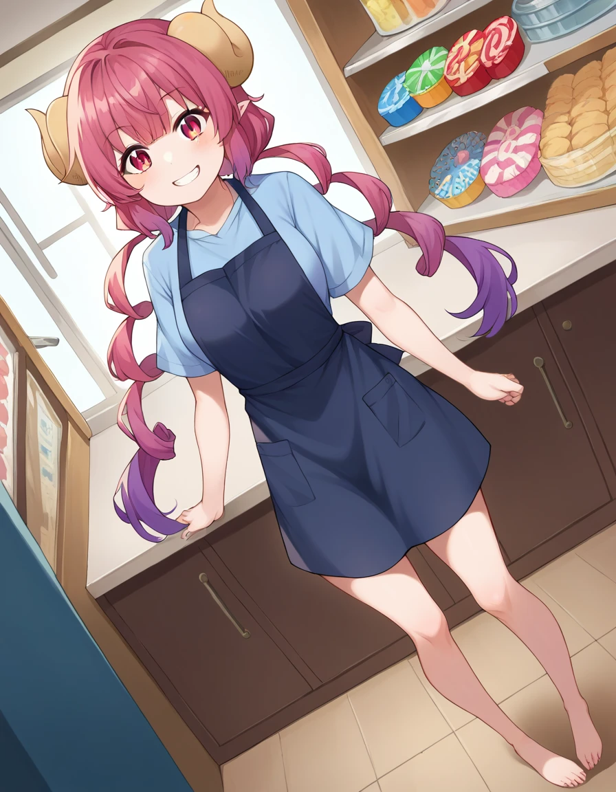 score_9, score_8_up, score_7_up, source_anime,
dragonilulu, ilulu, curled horns, horns, long hair, multicolored hair, purple hair, red eyes, red hair, slit pupils, smile,
shirt, short sleeves, apron, blue shirt, black apron, pants,
indoors, candy, candy store,
looking at viewer, cowboy shot, dutch angle, full body shot, barefoot, bare legs, showing viewer pussy