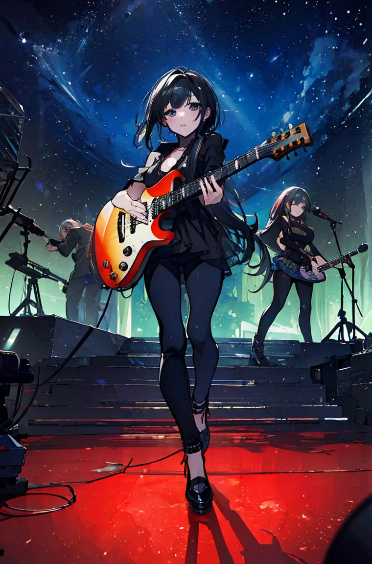 High resolution, (masterpiece:1.4), Very detailed, Three-piece girl rock band,Night view,PV shooting,Strumming guitar,Under the shooting star,from the front,See-through clothing(Black base)、tight、Skinny pants,lighting,Real, dark