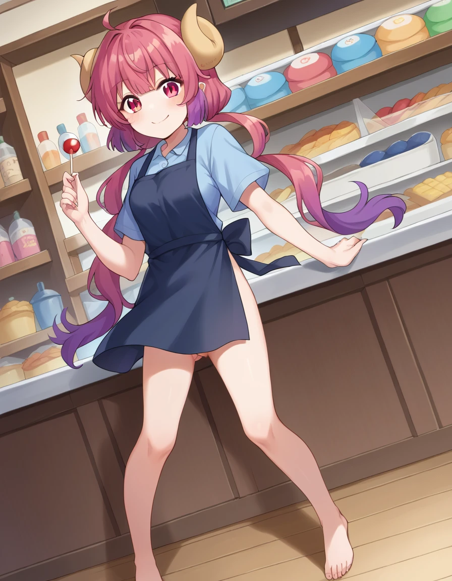 score_9, score_8_up, score_7_up, source_anime,
dragonilulu, ilulu, curled horns, horns, long hair, multicolored hair, purple hair, red eyes, red hair, slit pupils, smile,
shirt, short sleeves, apron, blue shirt, black apron, pants,
indoors, candy, candy store,
looking at viewer, cowboy shot, dutch angle, full body shot, barefoot, bare legs, showing viewer pussy, lifting apron