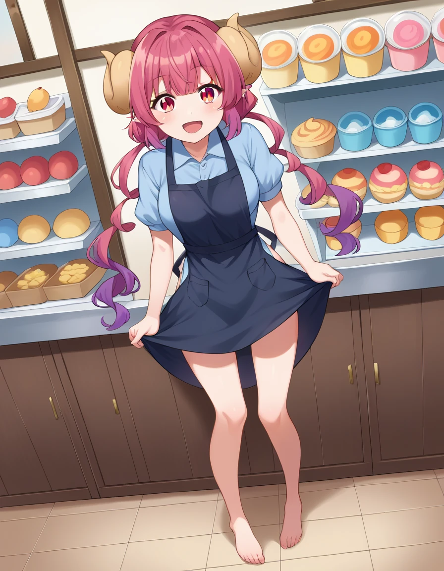 score_9, score_8_up, score_7_up, source_anime,
dragonilulu, ilulu, curled horns, horns, long hair, multicolored hair, purple hair, red eyes, red hair, slit pupils, smile,
shirt, short sleeves, apron, blue shirt, black apron, pants,
indoors, candy, candy store,
looking at viewer, cowboy shot, dutch angle, full body shot, barefoot, bare legs, showing viewer pussy, lifting apron