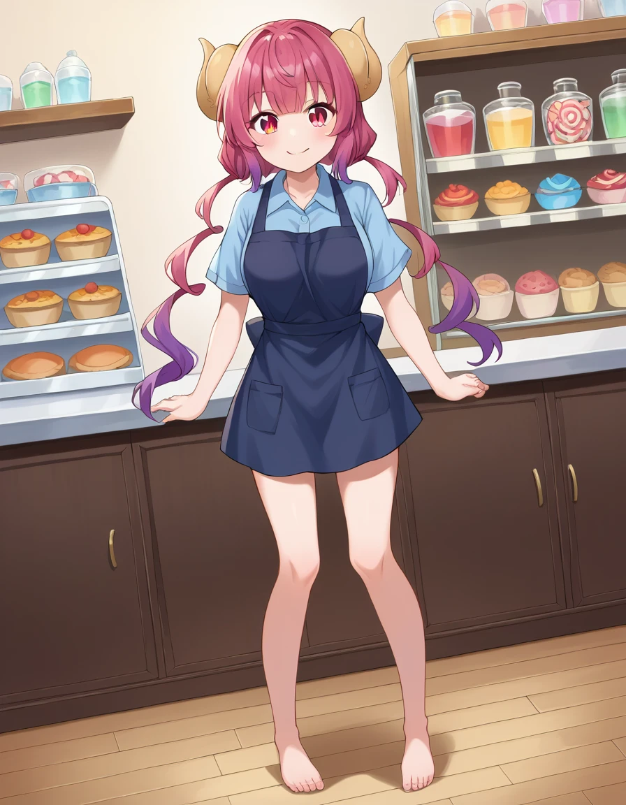 score_9, score_8_up, score_7_up, source_anime,
dragonilulu, ilulu, curled horns, horns, long hair, multicolored hair, purple hair, red eyes, red hair, slit pupils, smile,
shirt, short sleeves, apron, blue shirt, black apron, pants,
indoors, candy, candy store,
looking at viewer, cowboy shot, dutch angle, full body shot, barefoot, bare legs, showing viewer pussy, lifting apron