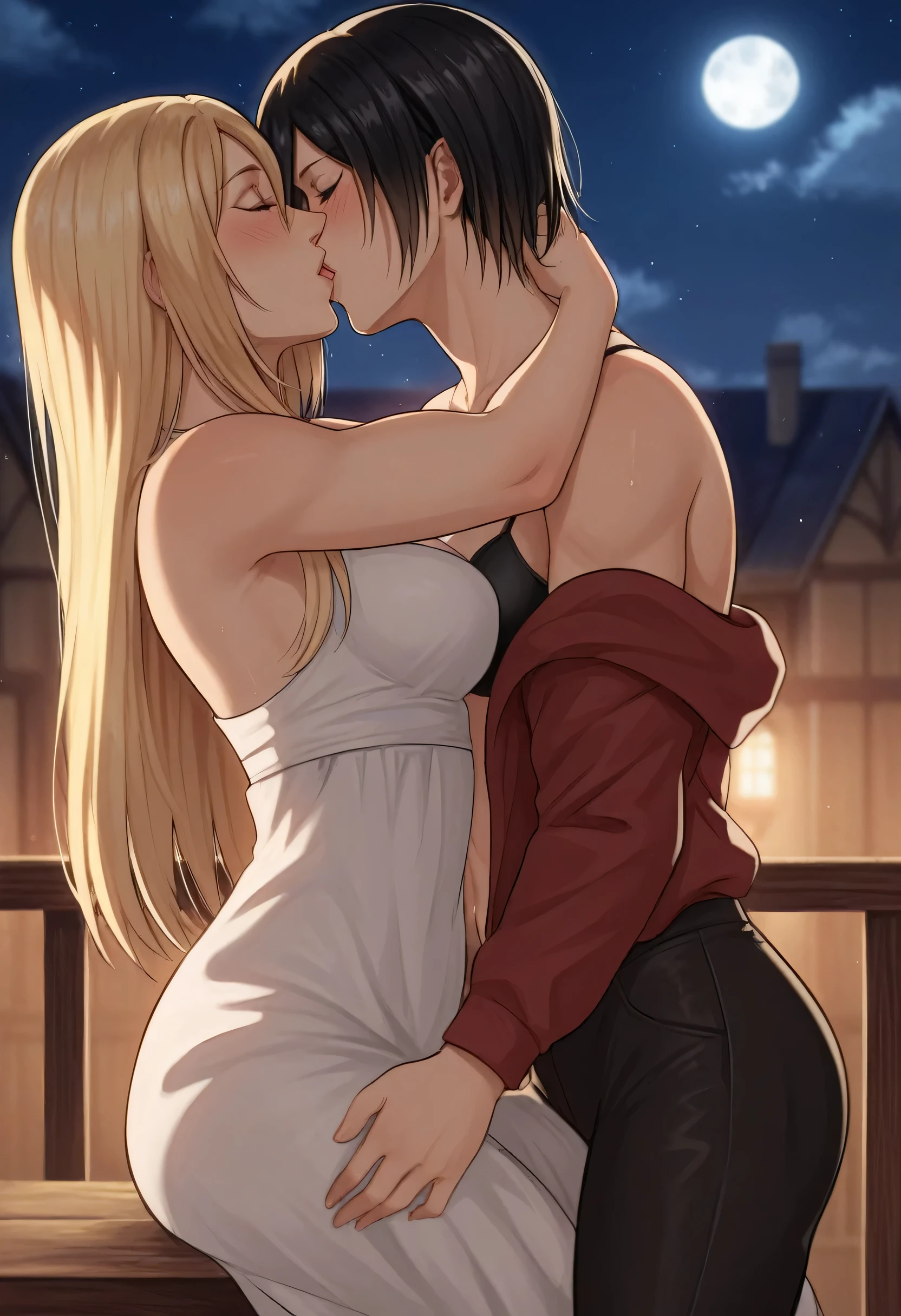 score_9, score_8_up, score_7_up, BREAK source_anime, historia reiss, blue eyes, blonde hair, long hair, medium breasts, long white dress sleeveless,female black hair soldier hugs historia,Mikasa with historia hugs,mikasa wreanig black sport bra and black combat pants,Mikasa female with short hair,mikasa female medium breasts,eyes closed,in night,moon in sky,mikasa final season,mikasa,Mikasa hugs historia،mikasa femboy,mikasa final season,historia blonde hair,hugs and kissing,mikasa carrying historia and kissing her,Mikasa lifts Historia up and kisses her.in middle night,raining outside,mikasa final season,girls kissing,girl×girl,lesbians,yuri,romantic wallpapers,historia sitting on mikasa and kissing her 